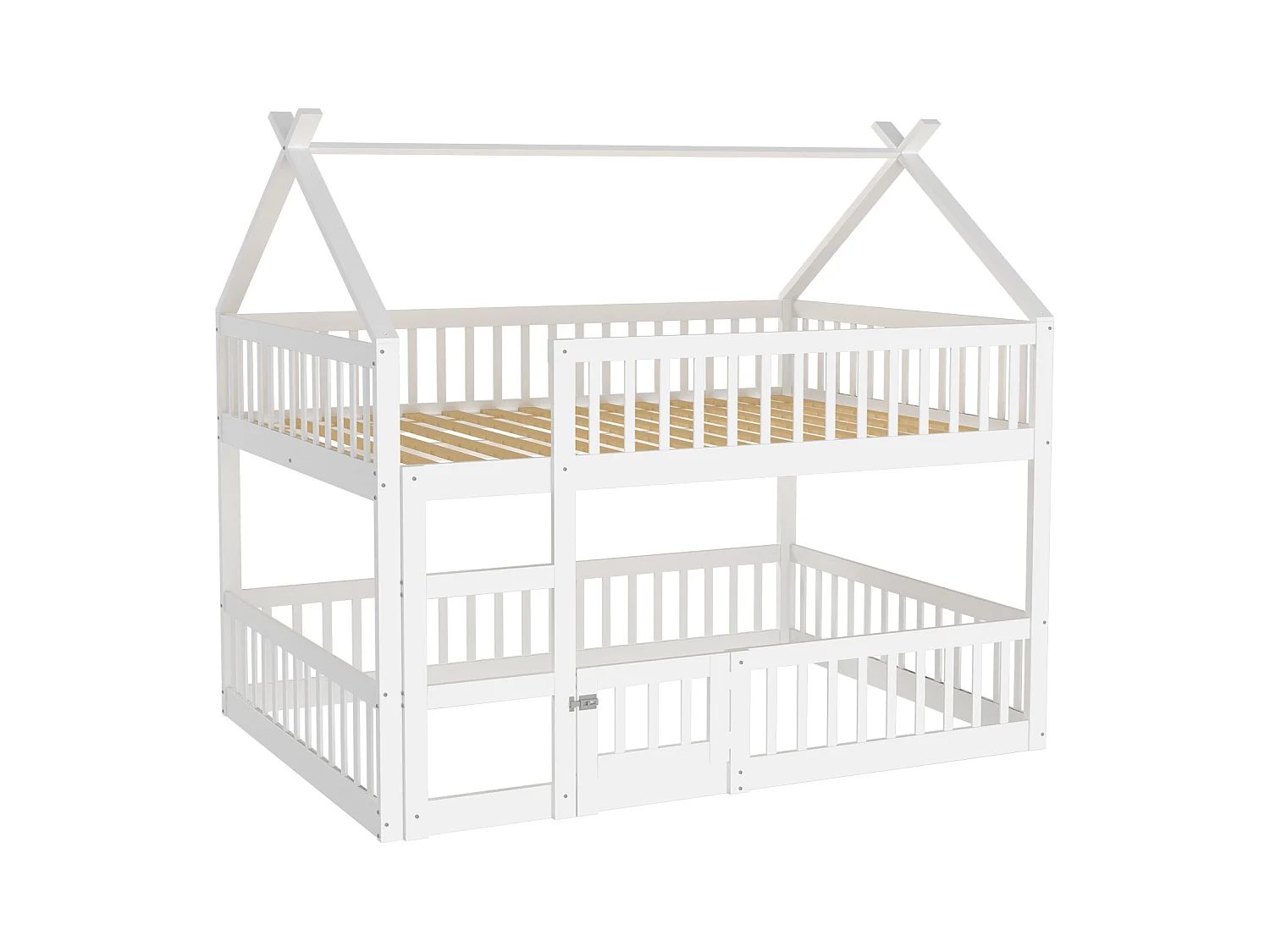 Stapelbed 140 x 200 cm - Kinderbed met trap en barrières - Onderste stapelbed met deur - Wit hout