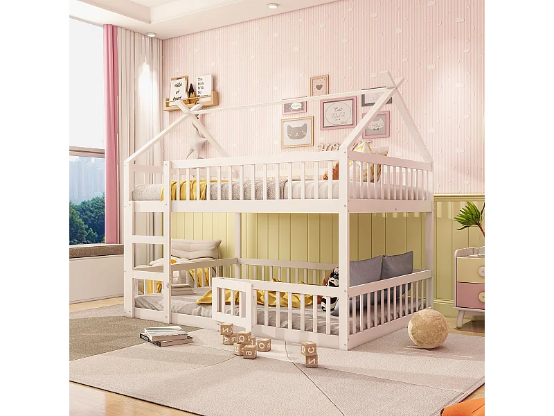 Stapelbed 140 x 200 cm - Kinderbed met trap en barrières - Onderste stapelbed met deur - Wit hout