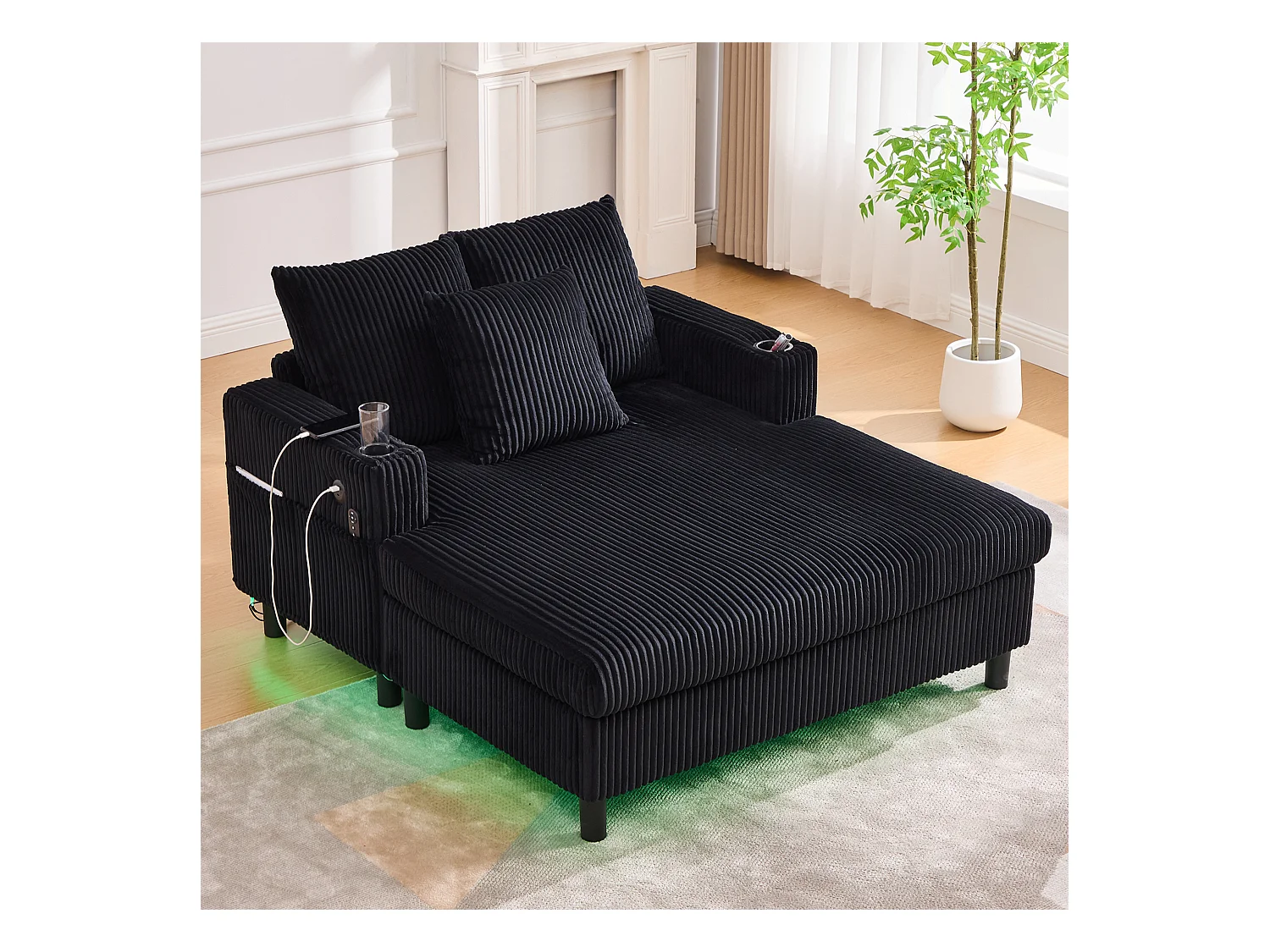 Canapé 1 place noir - Fauteuil inclinable avec porte-gobelets latéraux et port de charge USB - éclairage d'ambiance LED
