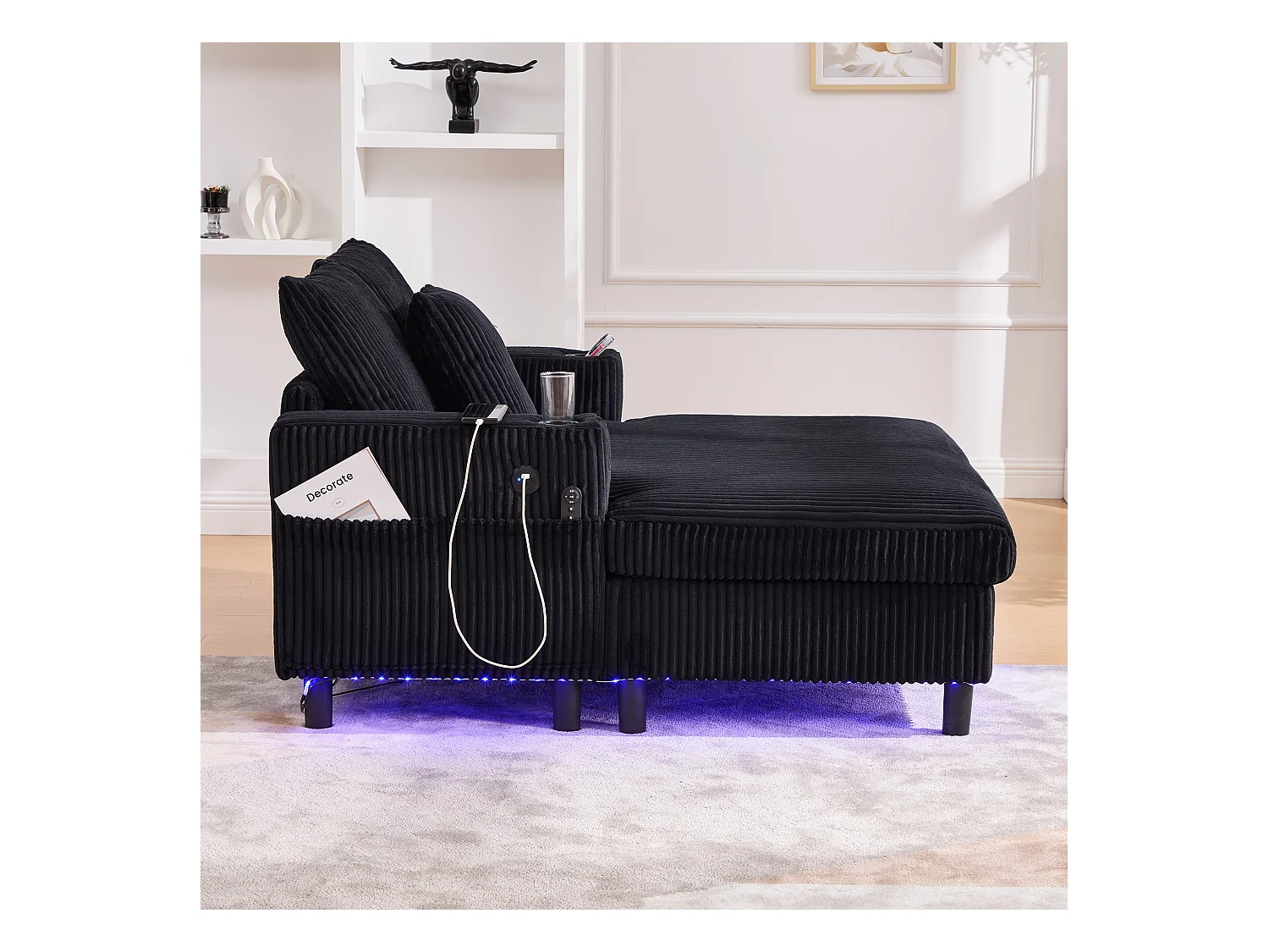 Schwarzes 1-Sitzer-Sofa – Ruhesessel mit seitlichen Getränkehaltern und USB-Ladeanschluss – LED-Stimmungsbeleuchtung