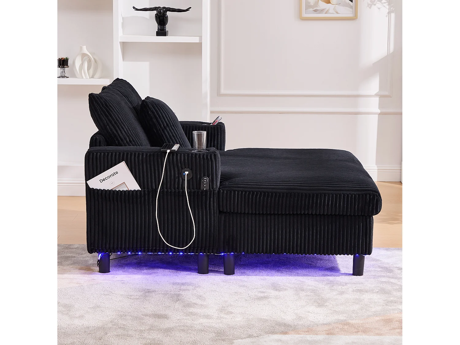 Zwarte 1-zitsbank - Relaxfauteuil met bekerhouders aan de zijkant en USB-oplaadpoort - LED-sfeerverlichting