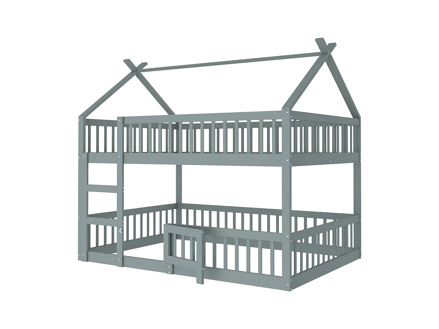 Etagenbett 140 x 200 cm - Kinderbett mit Treppe und Barrieren - Unteres Etagenbett mit Tür - Graues Holz