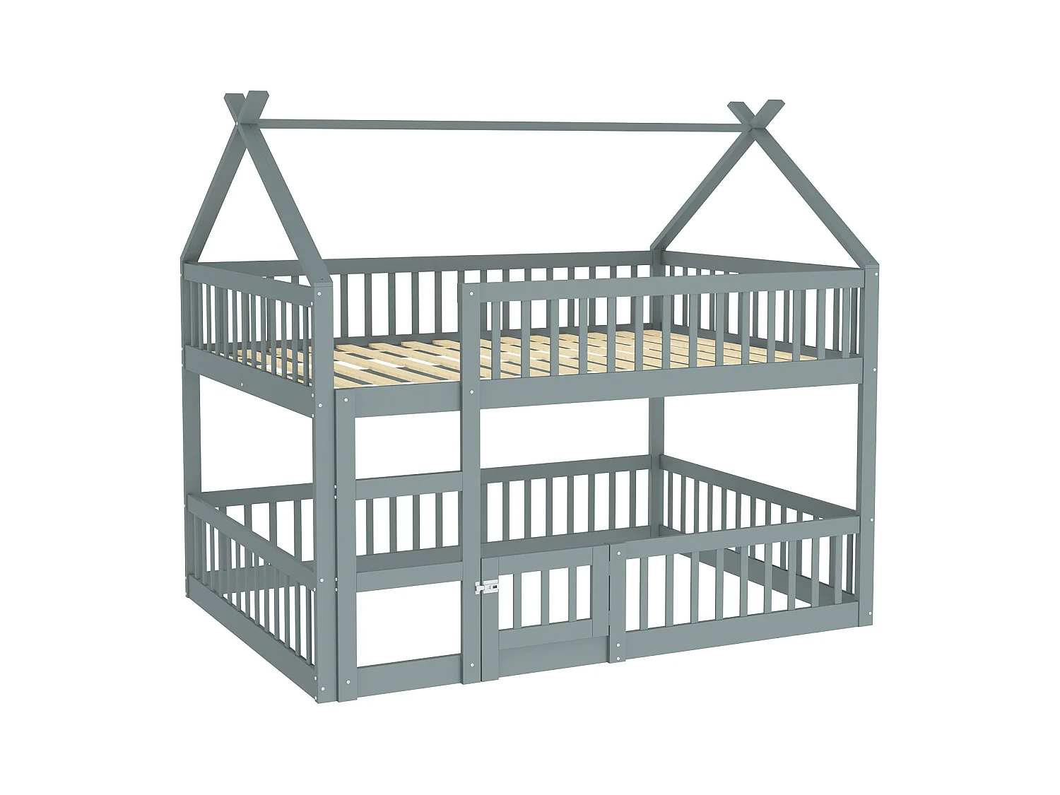 Etagenbett 140 x 200 cm - Kinderbett mit Treppe und Barrieren - Unteres Etagenbett mit Tür - Graues Holz