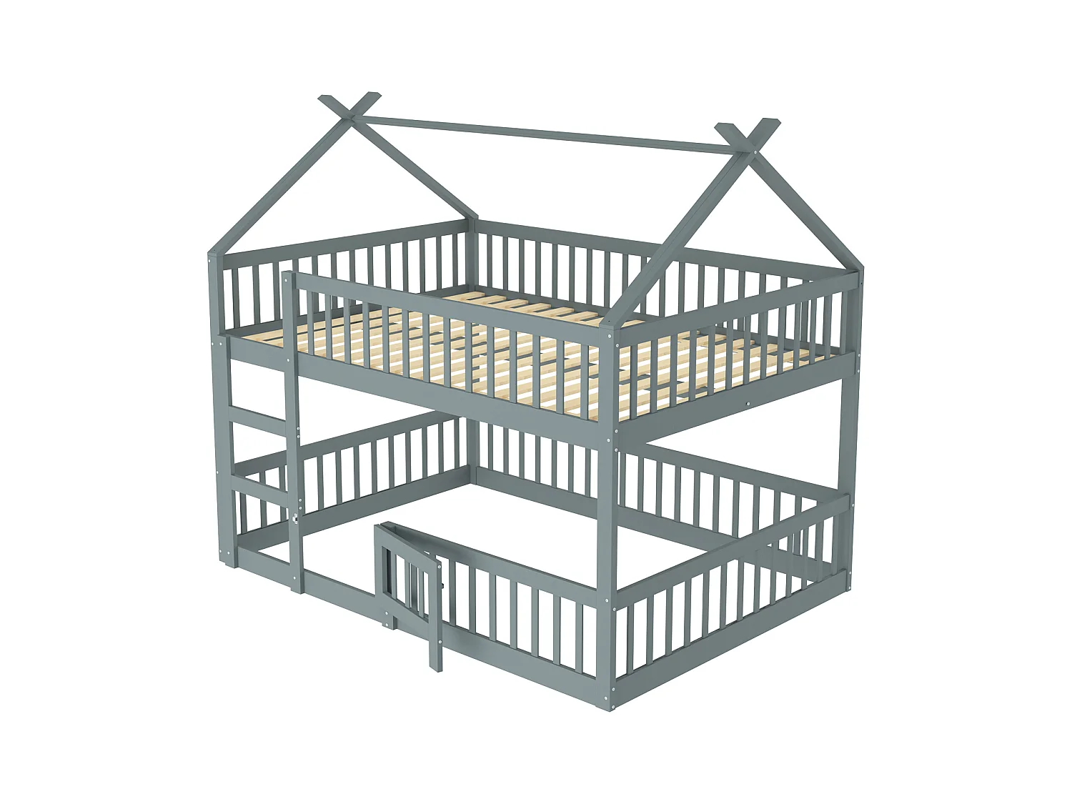 Etagenbett 140 x 200 cm - Kinderbett mit Treppe und Barrieren - Unteres Etagenbett mit Tür - Graues Holz