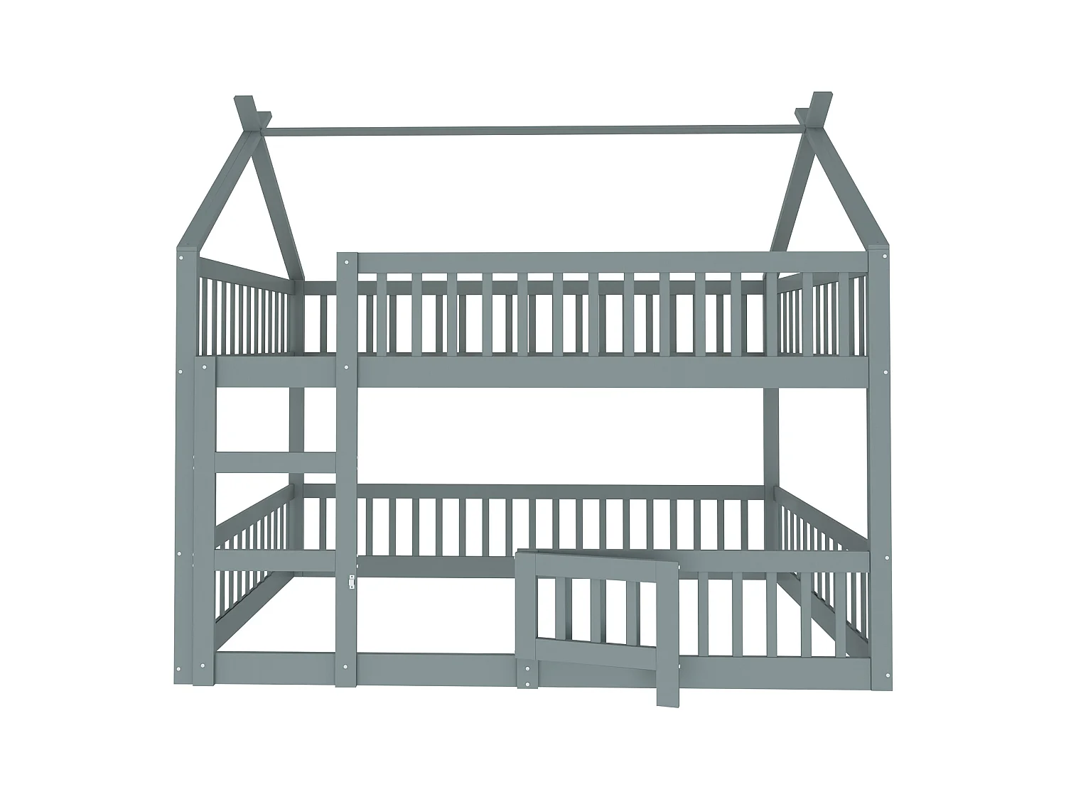 Etagenbett 140 x 200 cm - Kinderbett mit Treppe und Barrieren - Unteres Etagenbett mit Tür - Graues Holz