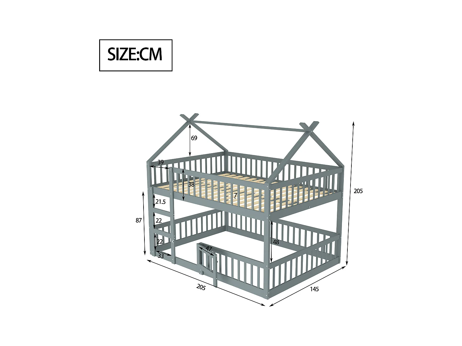 Stapelbed 140 x 200 cm - Kinderbed met trap en barrières - Onderste stapelbed met deur - Grijs hout