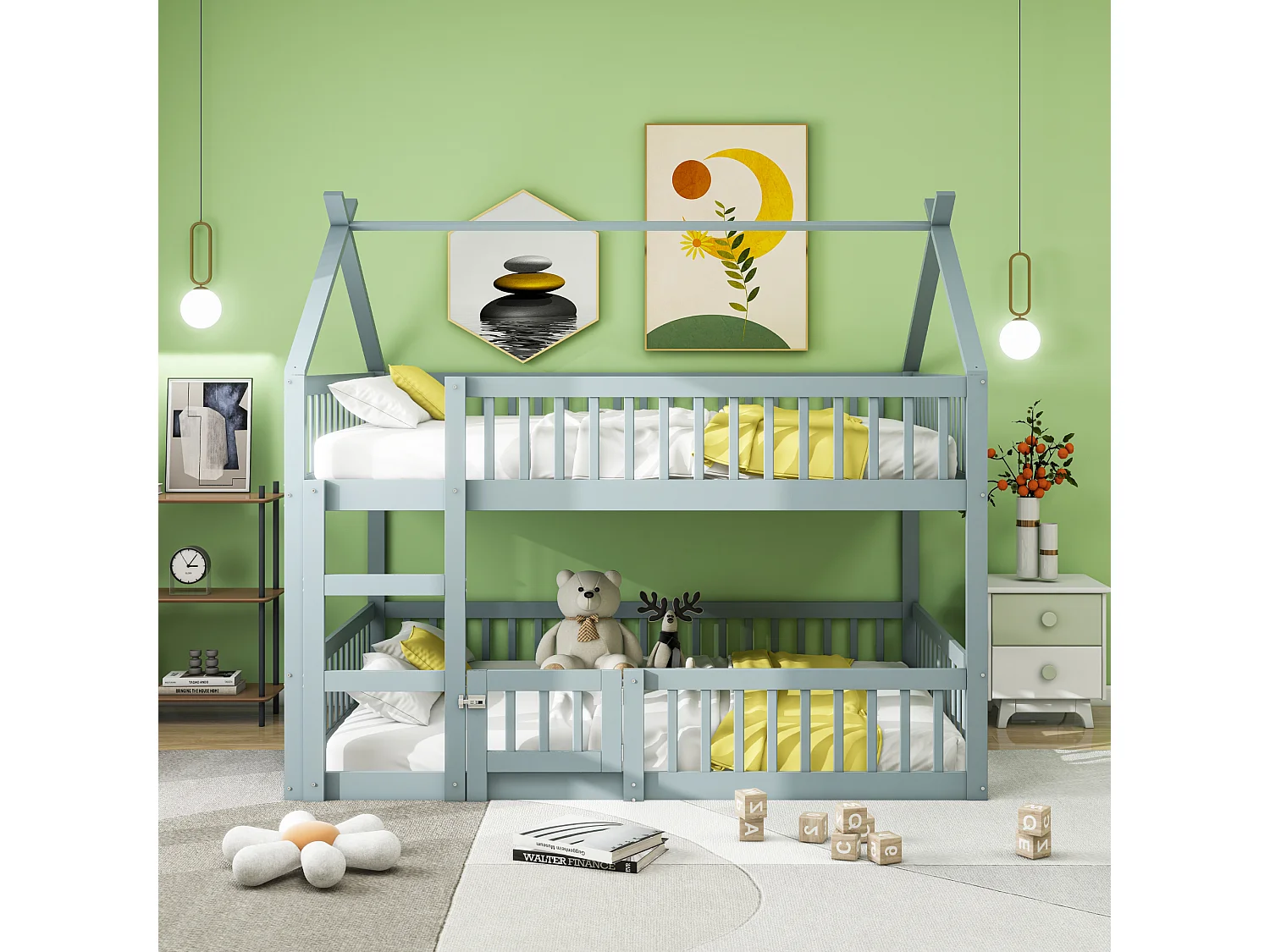 Beliche 140 x 200 cm - Cama de criança com escada e corrimão - beliche inferior com porta - madeira cinza