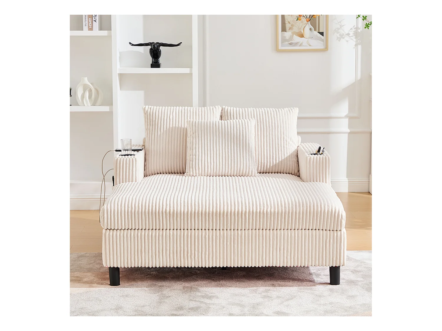 Beiges 1-Sitzer-Sofa – Ruhesessel mit seitlichen Getränkehaltern und USB-Ladeanschluss – LED-Stimmungsbeleuchtung