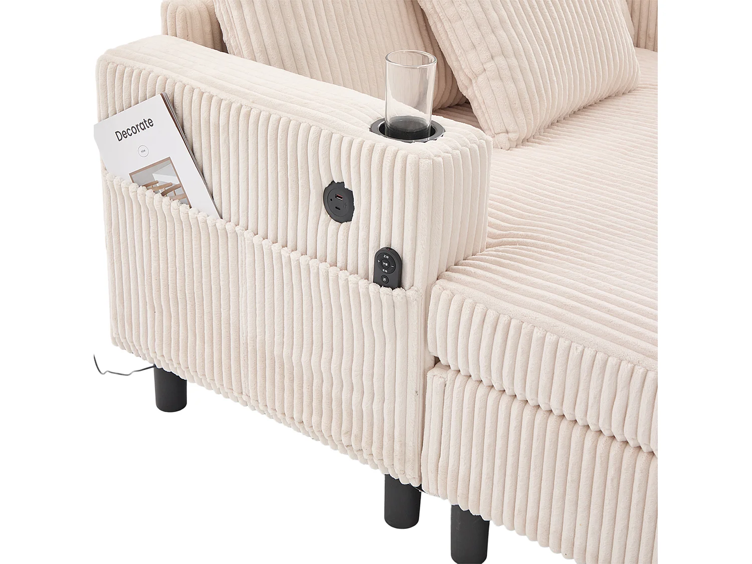 Canapé 1 place beige - Fauteuil inclinable avec porte-gobelets latéraux et port de charge USB - éclairage d'ambiance LED