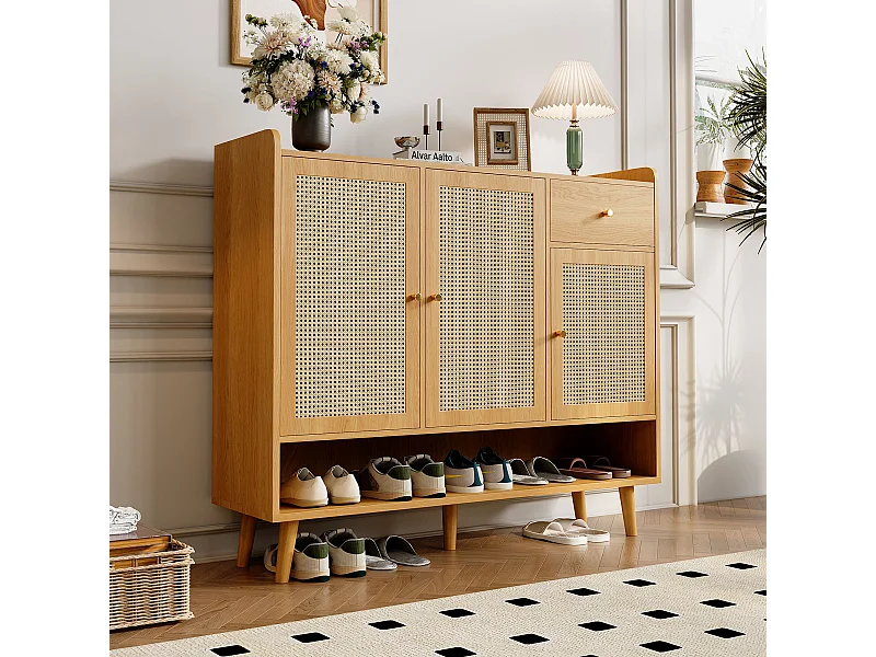 Schuhschrank aus Holz mit 3 Türen und 1 Schublade – Schuhschrank mit Metallgriffen und Beinen aus Massivholz – offene Aufbewahrung