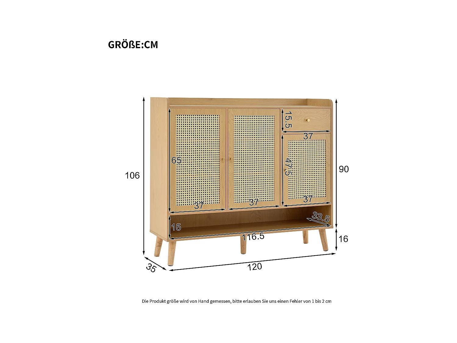 Schuhschrank aus Holz mit 3 Türen und 1 Schublade – Schuhschrank mit Metallgriffen und Beinen aus Massivholz – offene Aufbewahrung
