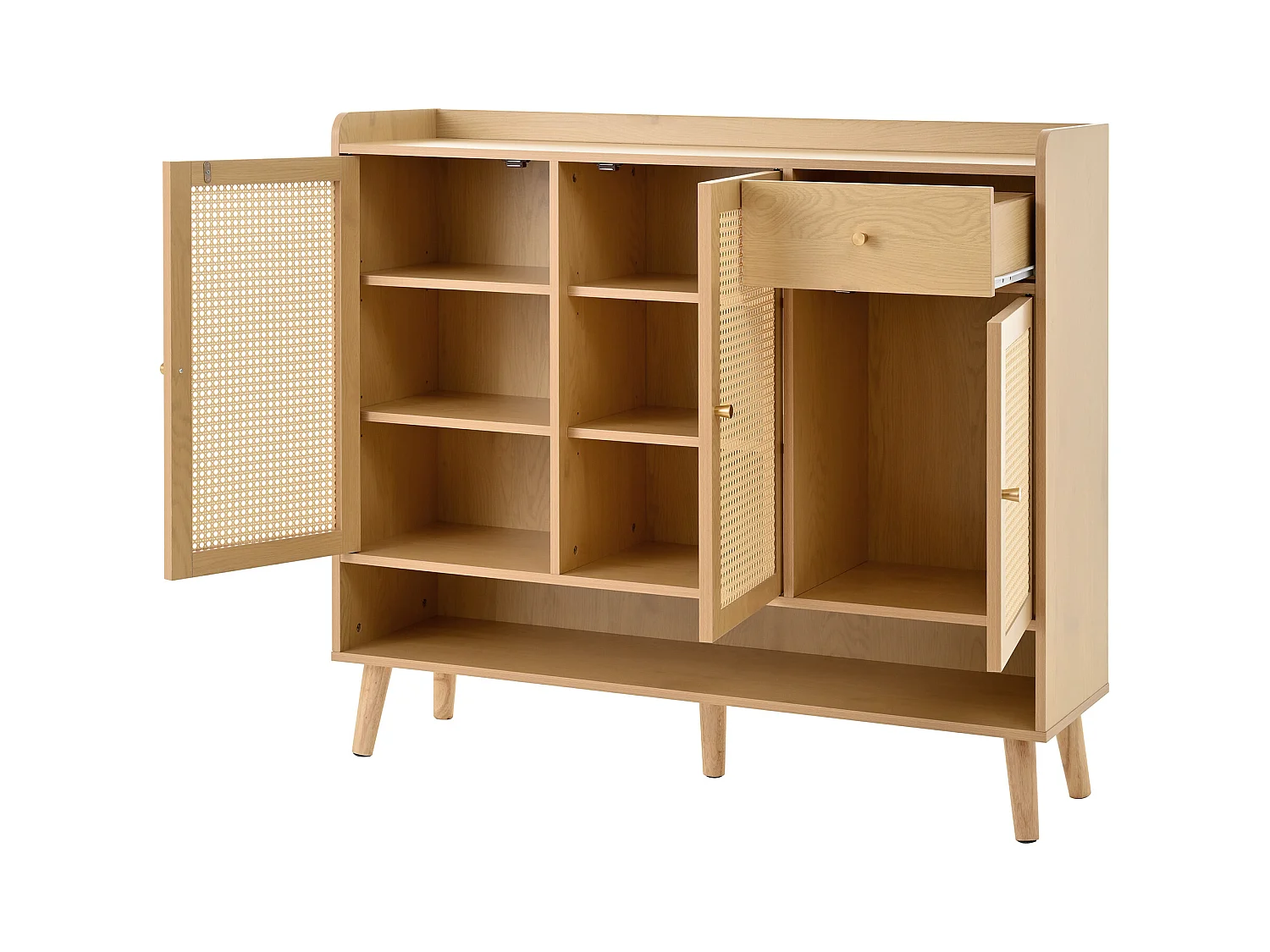 Schuhschrank aus Holz mit 3 Türen und 1 Schublade – Schuhschrank mit Metallgriffen und Beinen aus Massivholz – offene Aufbewahrung