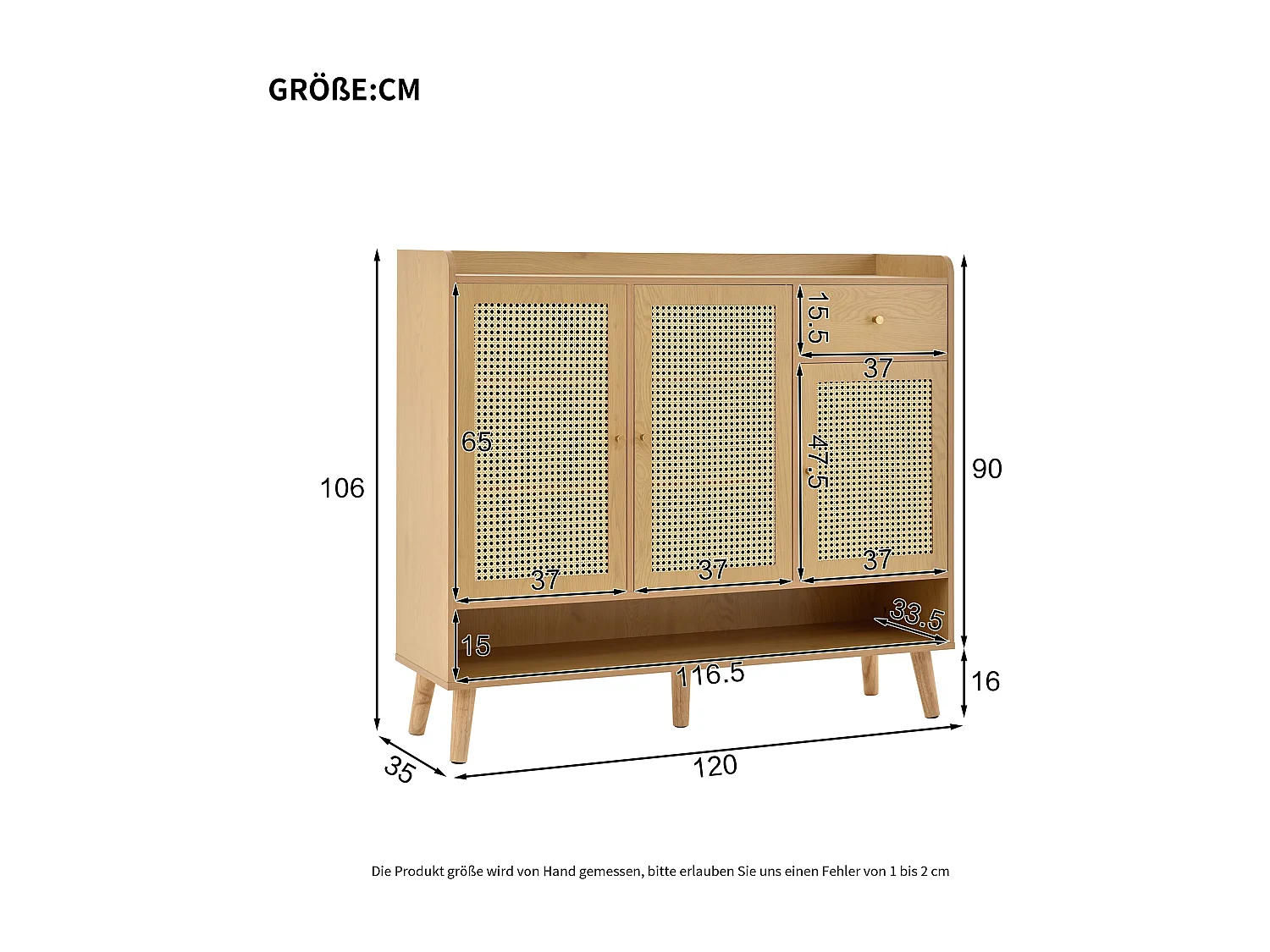 Meuble à chaussures en bois avec 3 portes et 1 tiroir - Meuble à chaussures avec poignées en métal et pieds en bois massif - rangement ouvert