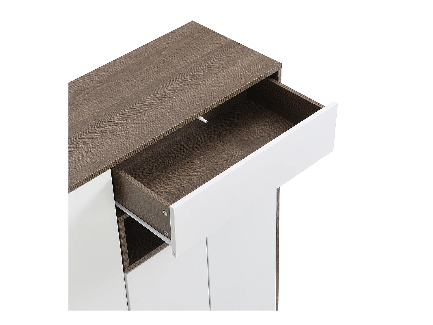 Schuhschrank mit gepolstertem Sitz – 3-türiger Schuhschrank mit 1 Schublade – offene Aufbewahrung – Weiß und Holz