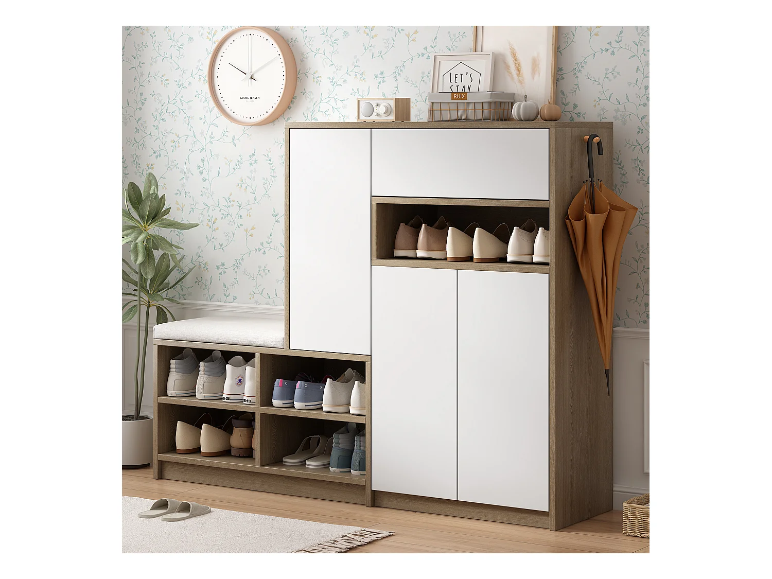 Meuble à chaussures avec assise rembourrée - Meuble à chaussures 3 portes et 1 tiroir - rangement ouvert - blanc et bois