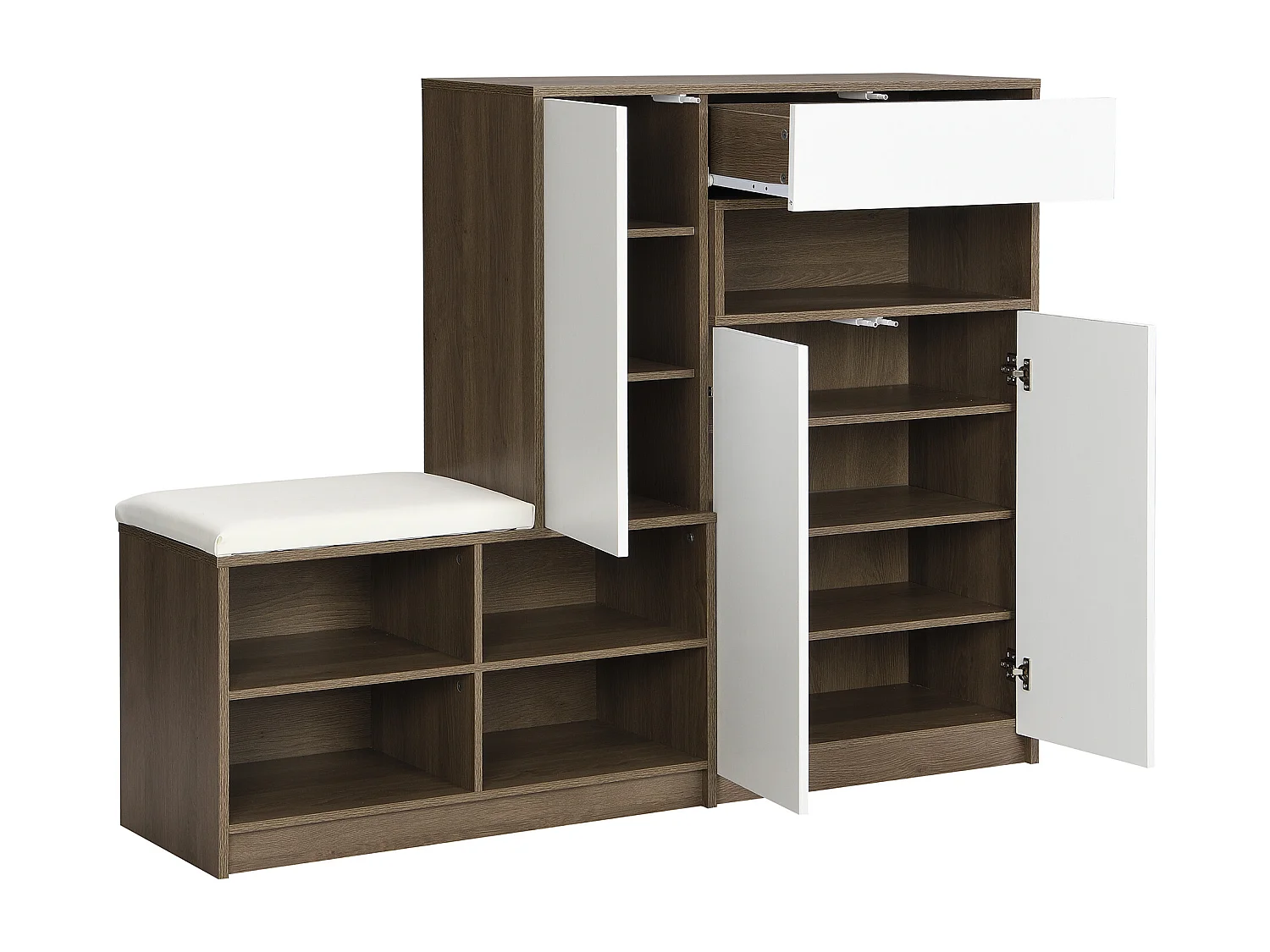 Meuble à chaussures avec assise rembourrée - Meuble à chaussures 3 portes et 1 tiroir - rangement ouvert - blanc et bois