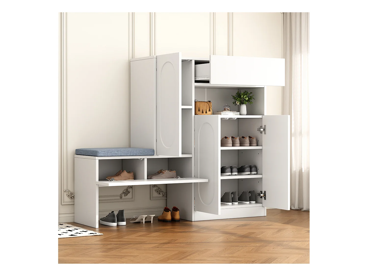 Schuhschrank mit gepolsterter Sitzfläche – 3-türiger Schuhschrank mit 1 Schublade – offene Aufbewahrung – weiß