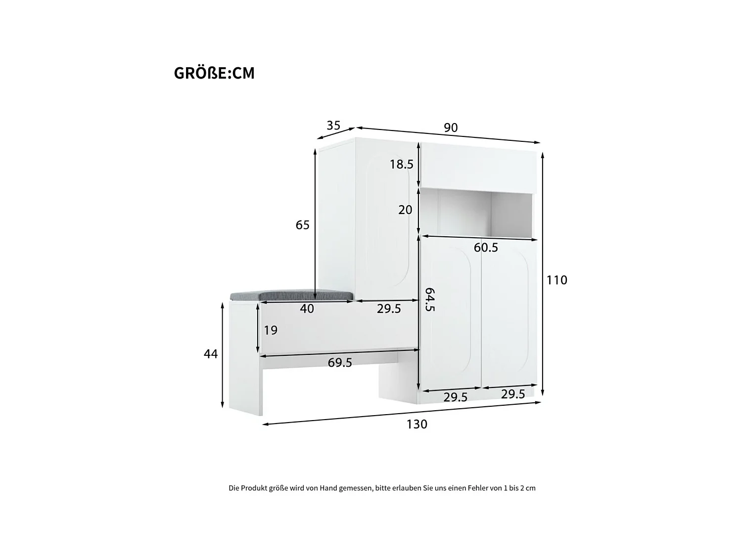 Schuhschrank mit gepolsterter Sitzfläche – 3-türiger Schuhschrank mit 1 Schublade – offene Aufbewahrung – weiß
