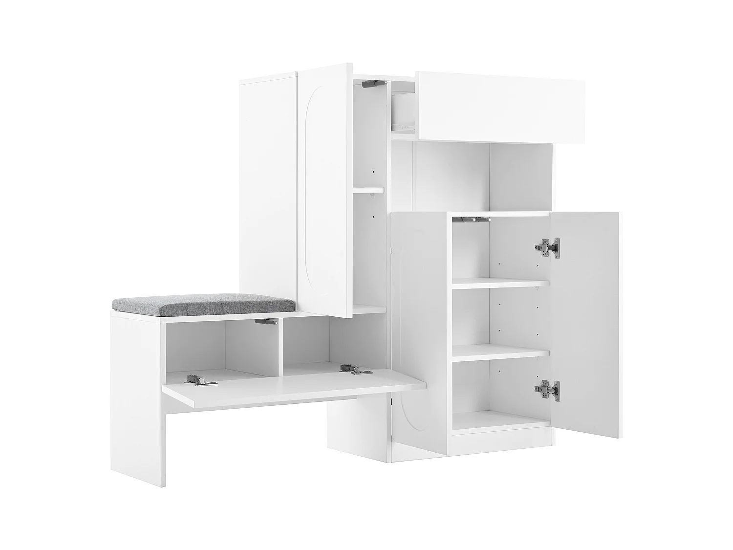 Schuhschrank mit gepolsterter Sitzfläche – 3-türiger Schuhschrank mit 1 Schublade – offene Aufbewahrung – weiß