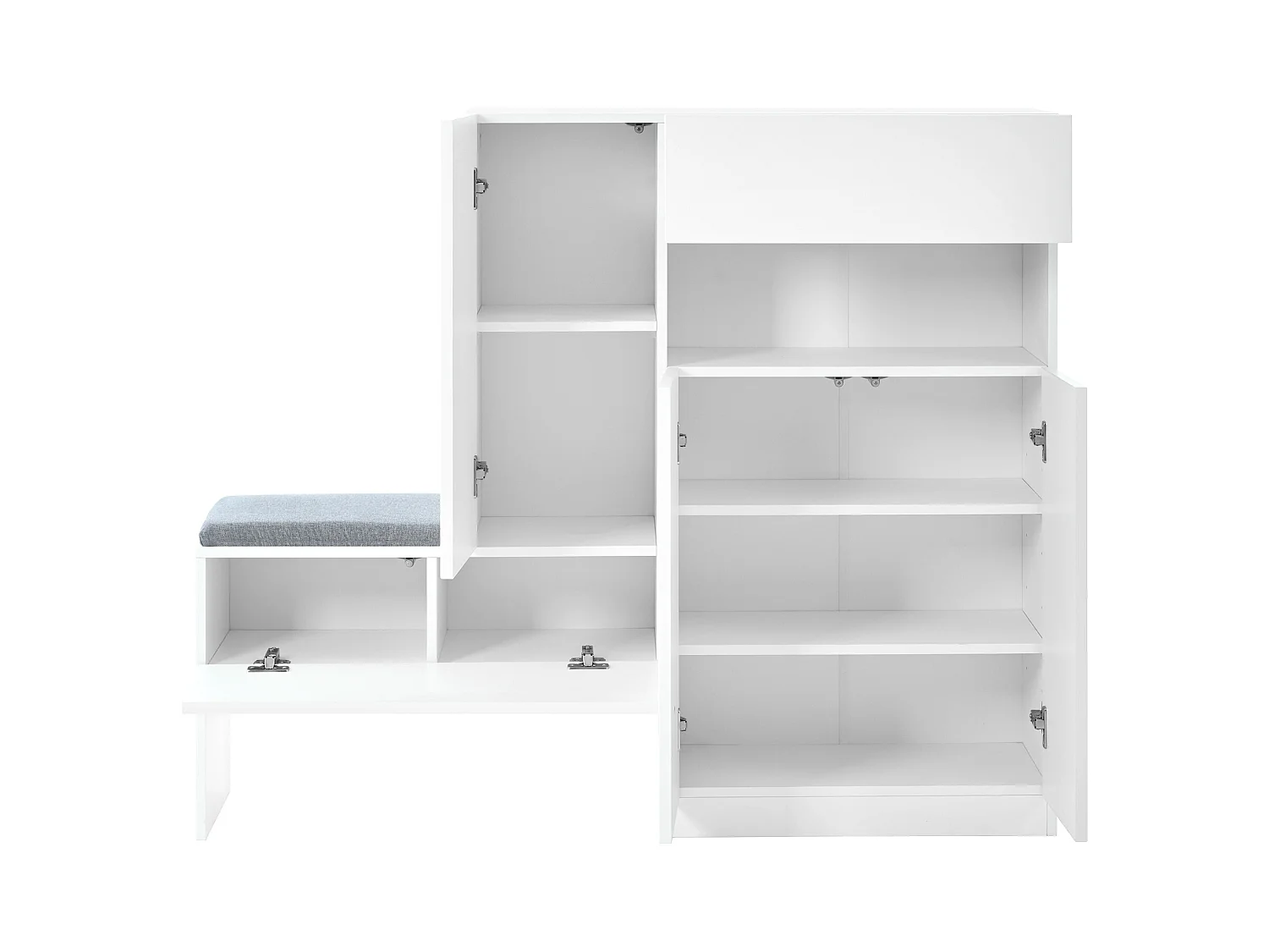 Schuhschrank mit gepolsterter Sitzfläche – 3-türiger Schuhschrank mit 1 Schublade – offene Aufbewahrung – weiß