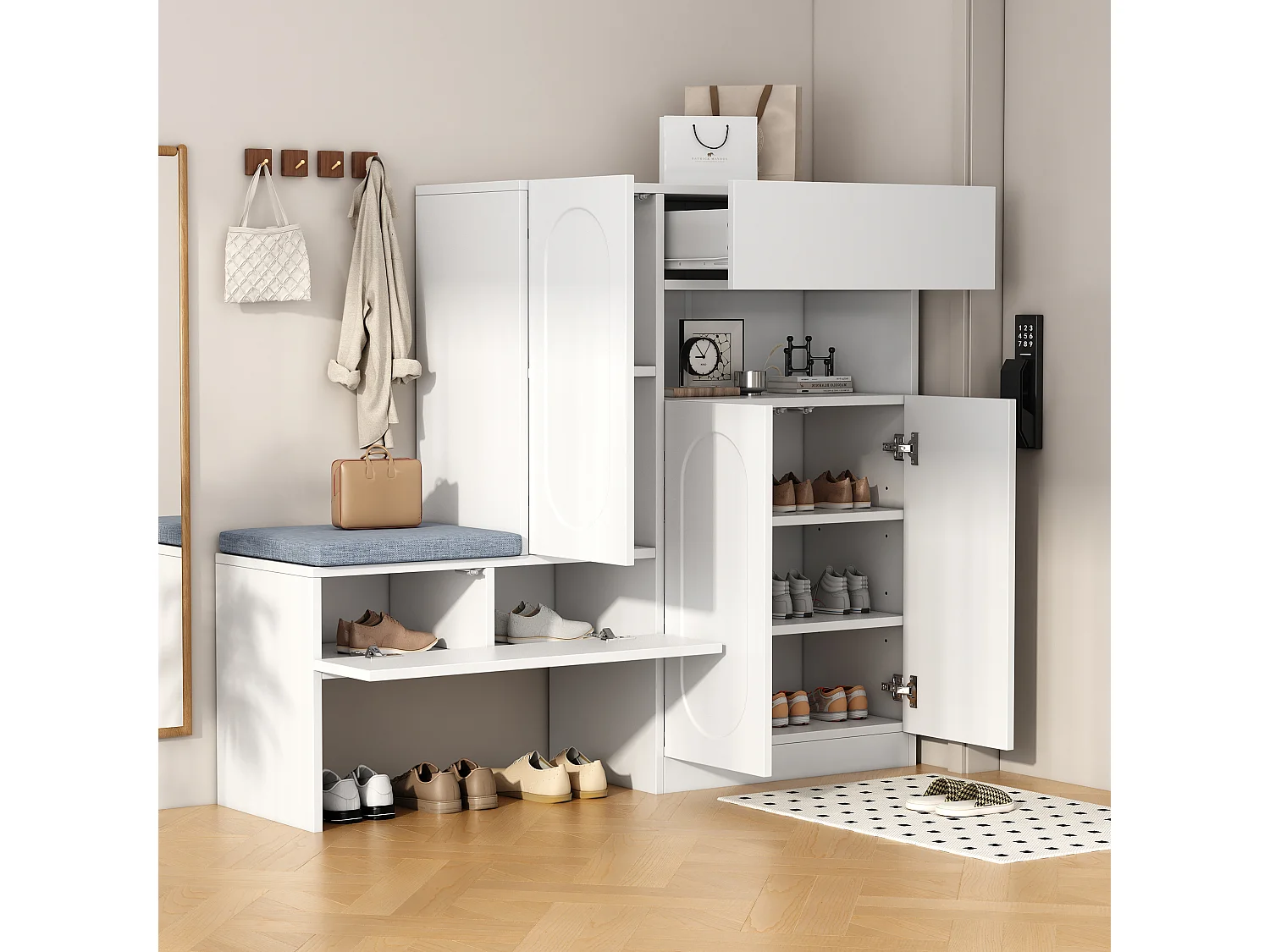 Schoenenkast met gestoffeerde zitting - 3-deurs, 1-lade schoenenkast - open opbergruimte - wit