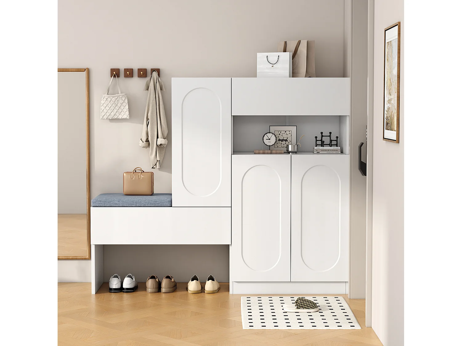 Schoenenkast met gestoffeerde zitting - 3-deurs, 1-lade schoenenkast - open opbergruimte - wit