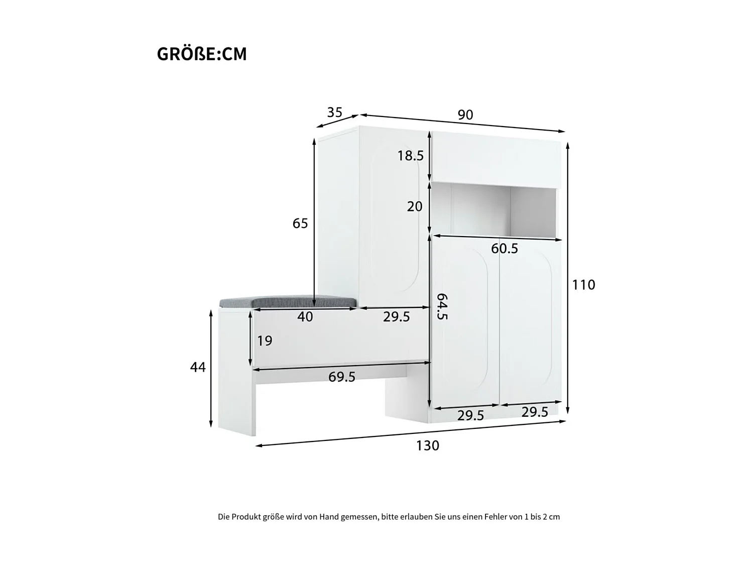 Schoenenkast met gestoffeerde zitting - 3-deurs, 1-lade schoenenkast - open opbergruimte - wit