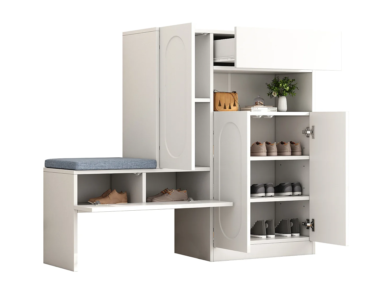 Schoenenkast met gestoffeerde zitting - 3-deurs, 1-lade schoenenkast - open opbergruimte - wit