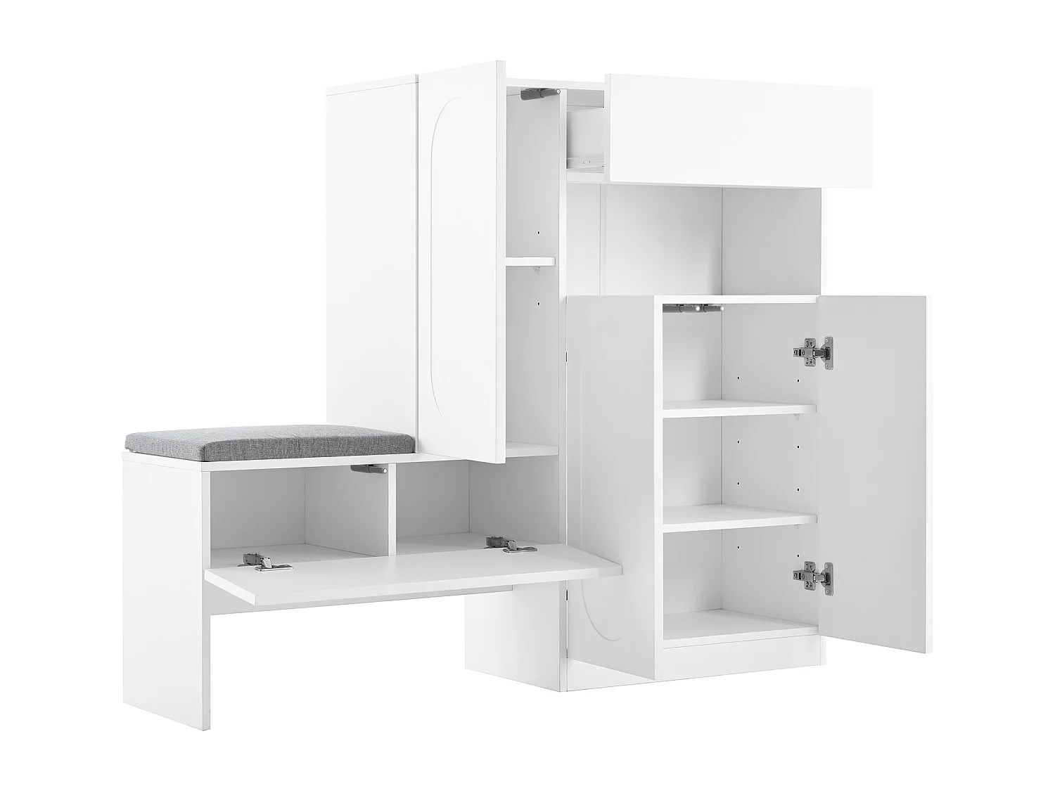 Schoenenkast met gestoffeerde zitting - 3-deurs, 1-lade schoenenkast - open opbergruimte - wit