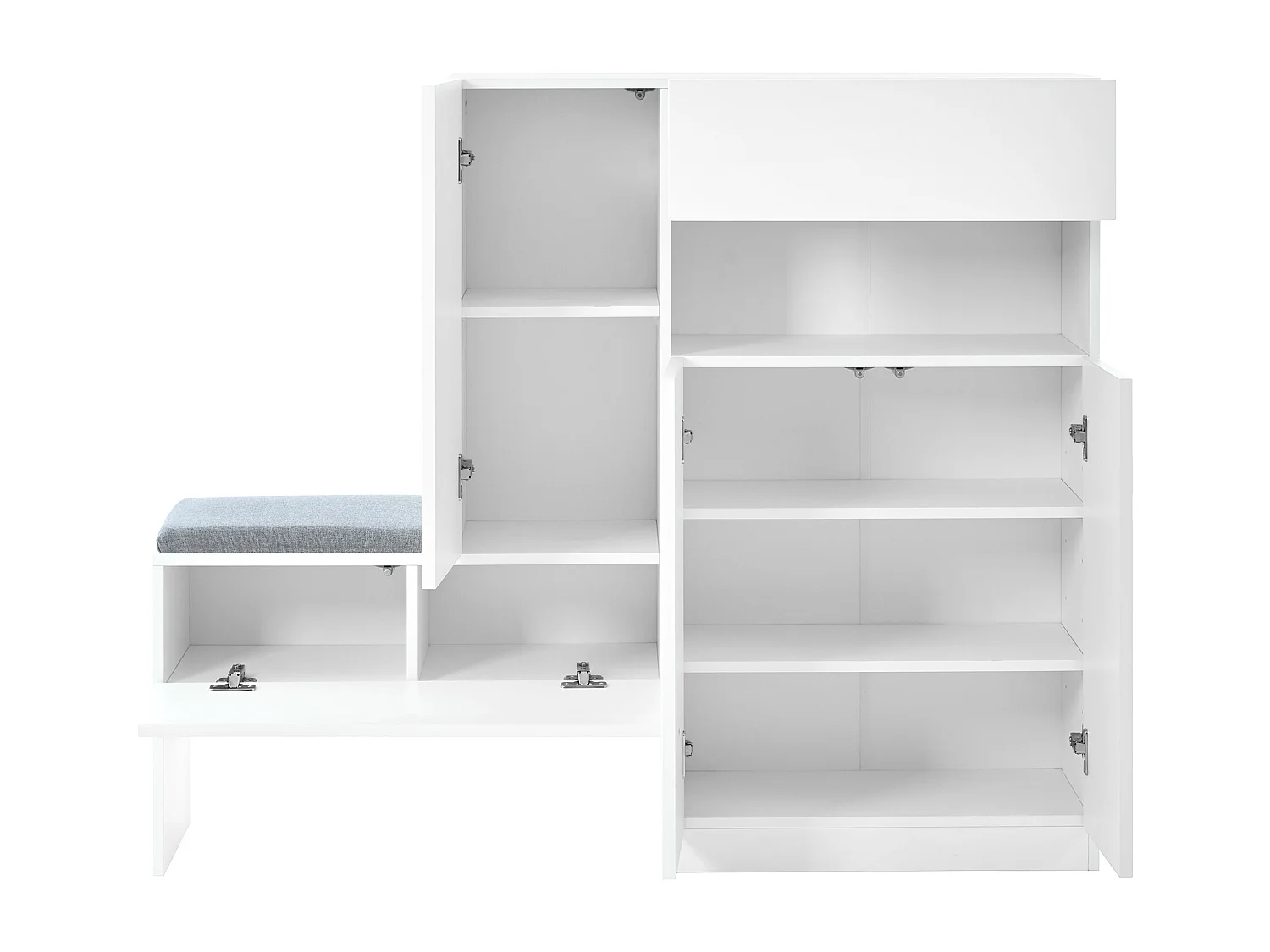 Schoenenkast met gestoffeerde zitting - 3-deurs, 1-lade schoenenkast - open opbergruimte - wit