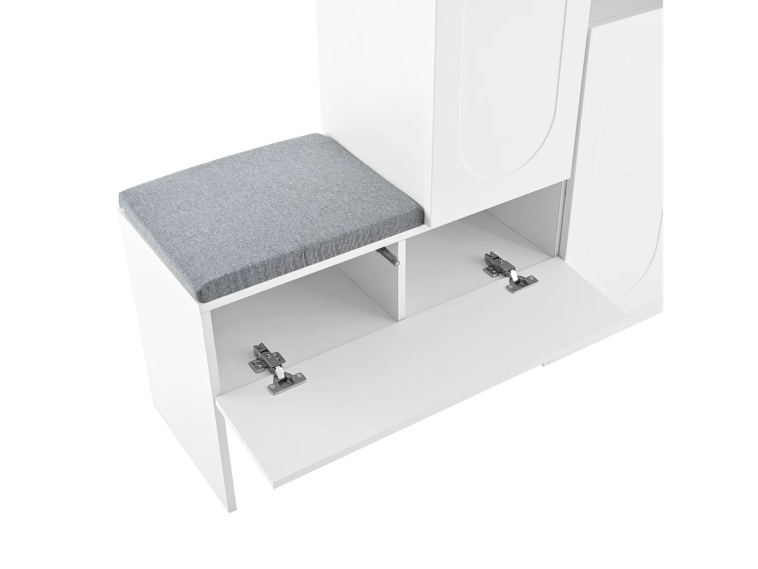 Schoenenkast met gestoffeerde zitting - 3-deurs, 1-lade schoenenkast - open opbergruimte - wit