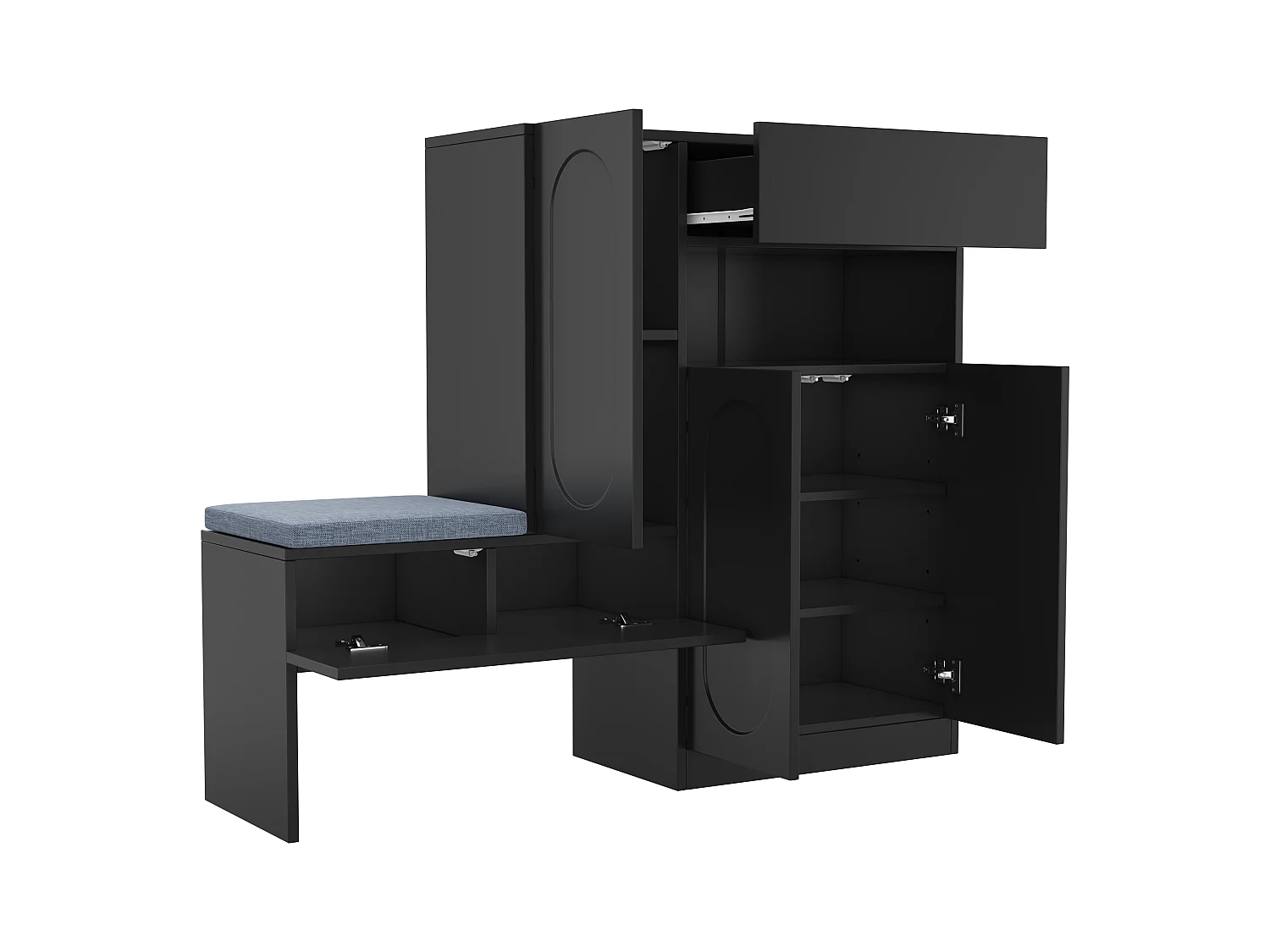 Meuble à chaussures avec assise rembourrée - Meuble à chaussures 3 portes et 1 tiroir - rangement ouvert - noir