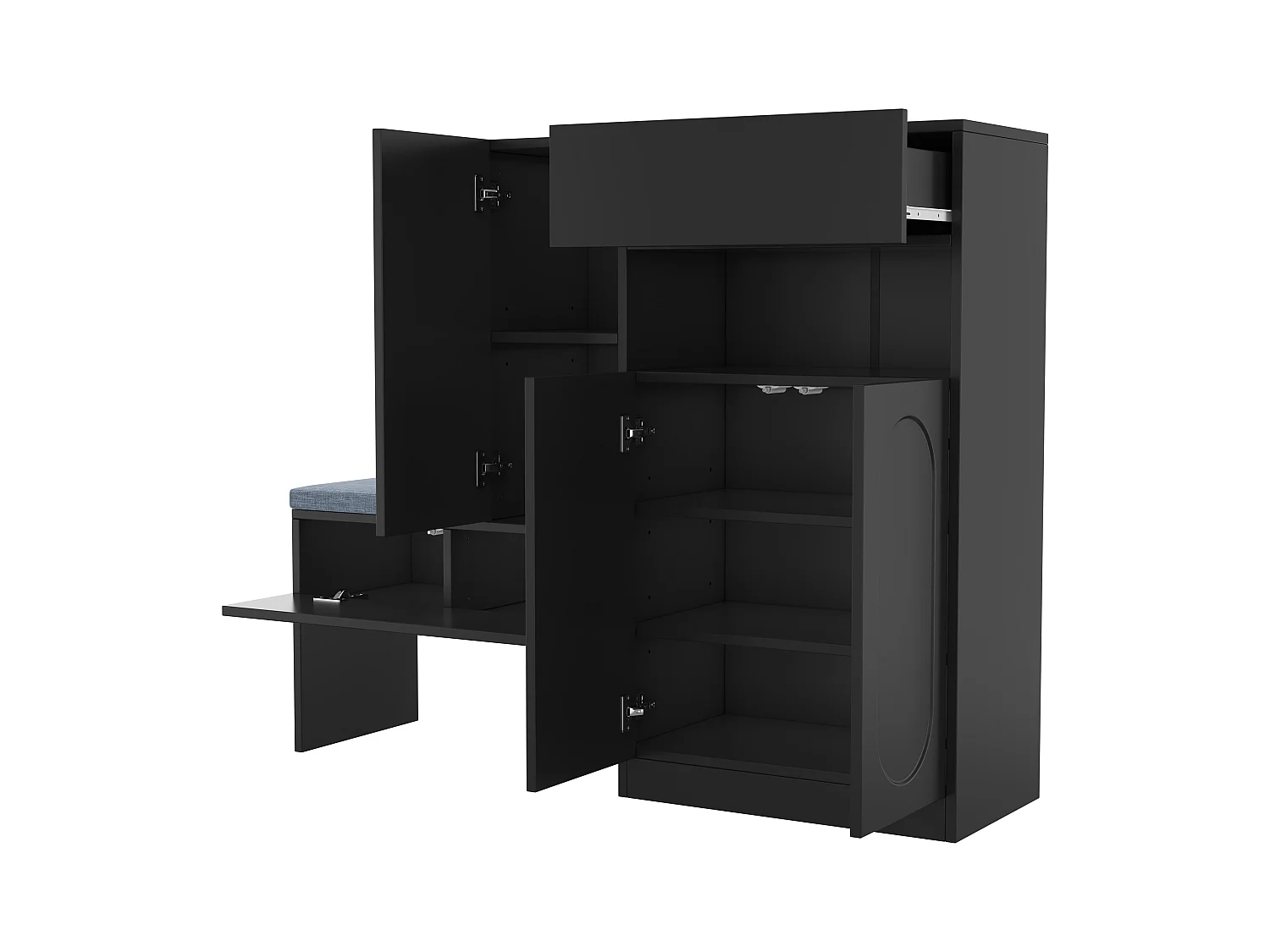 Meuble à chaussures avec assise rembourrée - Meuble à chaussures 3 portes et 1 tiroir - rangement ouvert - noir