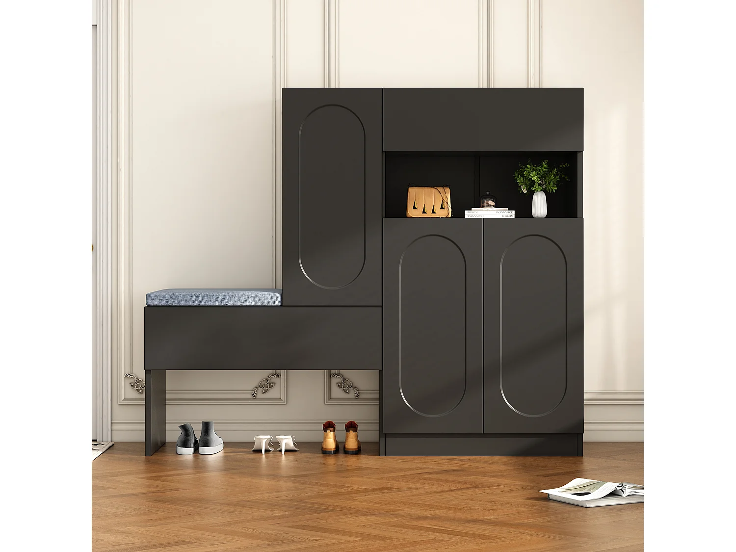 Meuble à chaussures avec assise rembourrée - Meuble à chaussures 3 portes et 1 tiroir - rangement ouvert - noir