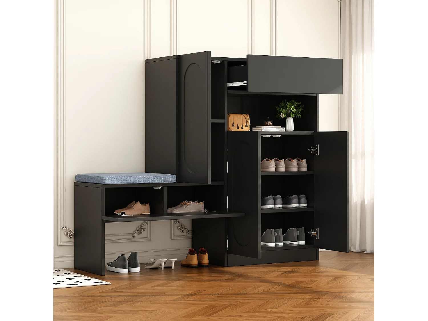 Meuble à chaussures avec assise rembourrée - Meuble à chaussures 3 portes et 1 tiroir - rangement ouvert - noir