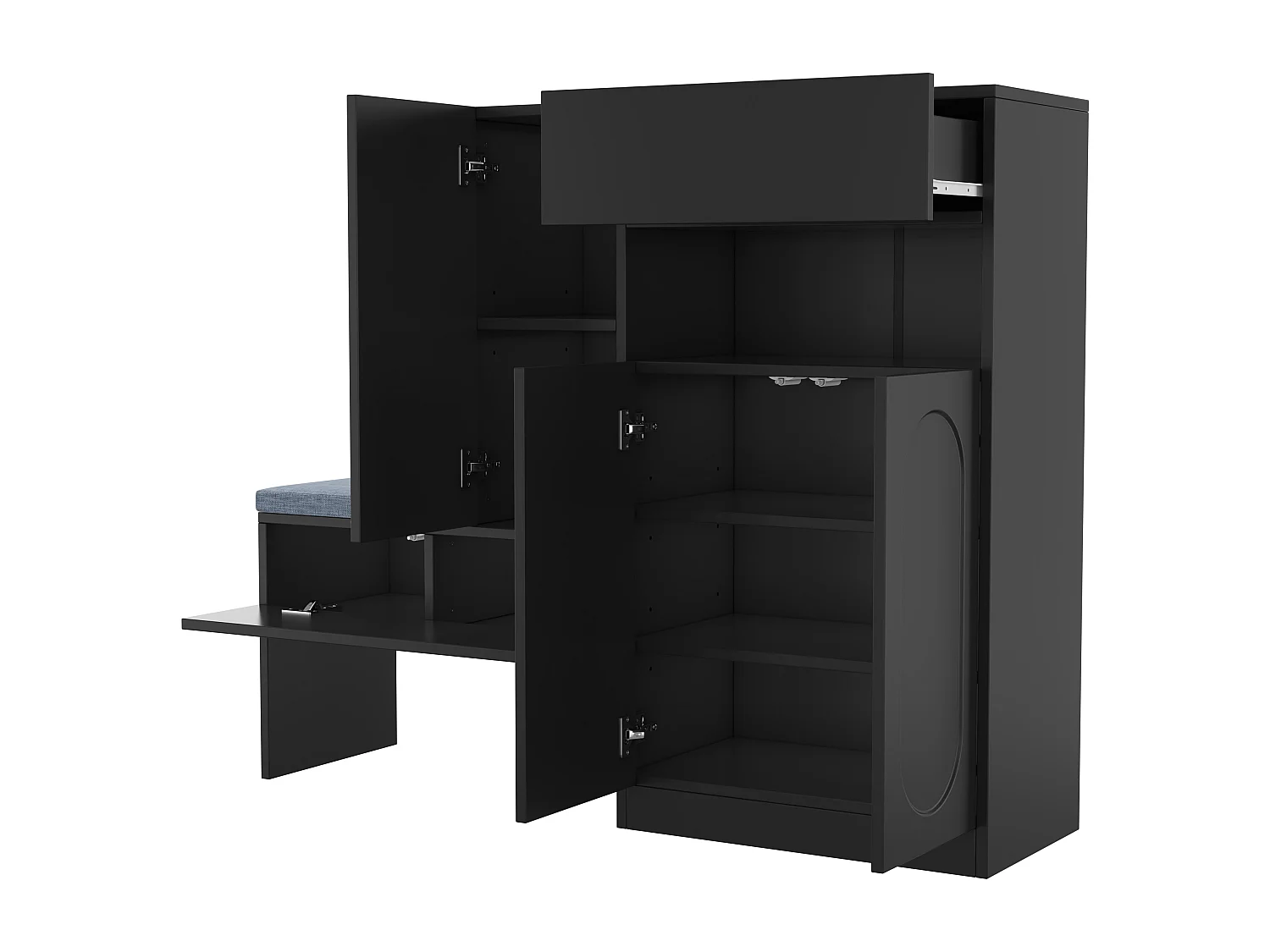 Meuble à chaussures avec assise rembourrée - Meuble à chaussures 3 portes et 1 tiroir - rangement ouvert - noir