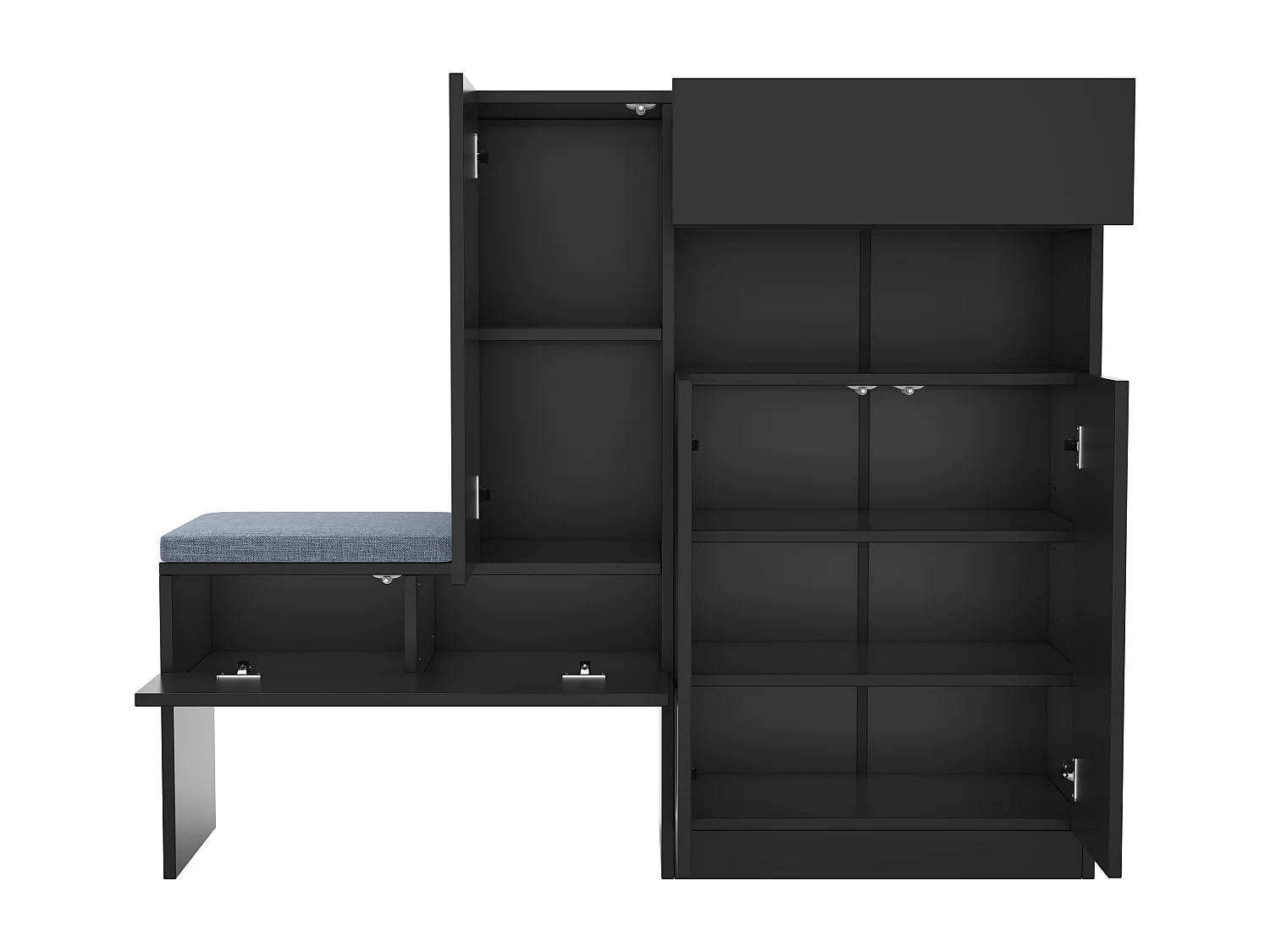 Meuble à chaussures avec assise rembourrée - Meuble à chaussures 3 portes et 1 tiroir - rangement ouvert - noir