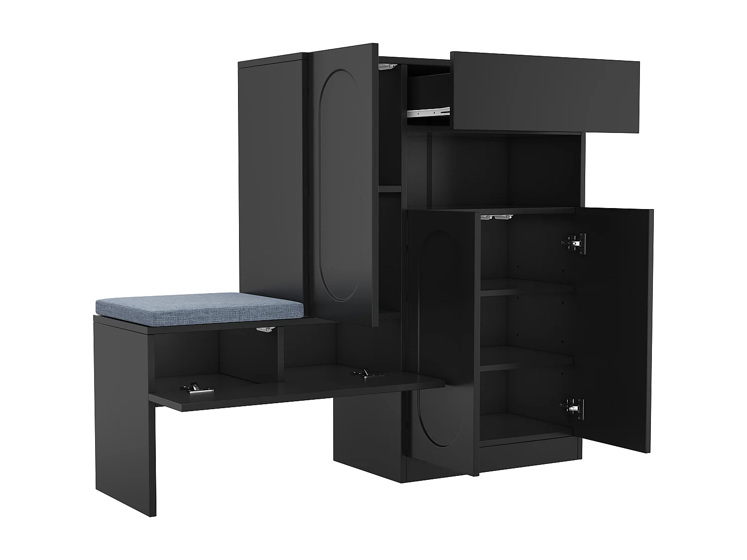 Meuble à chaussures avec assise rembourrée - Meuble à chaussures 3 portes et 1 tiroir - rangement ouvert - noir