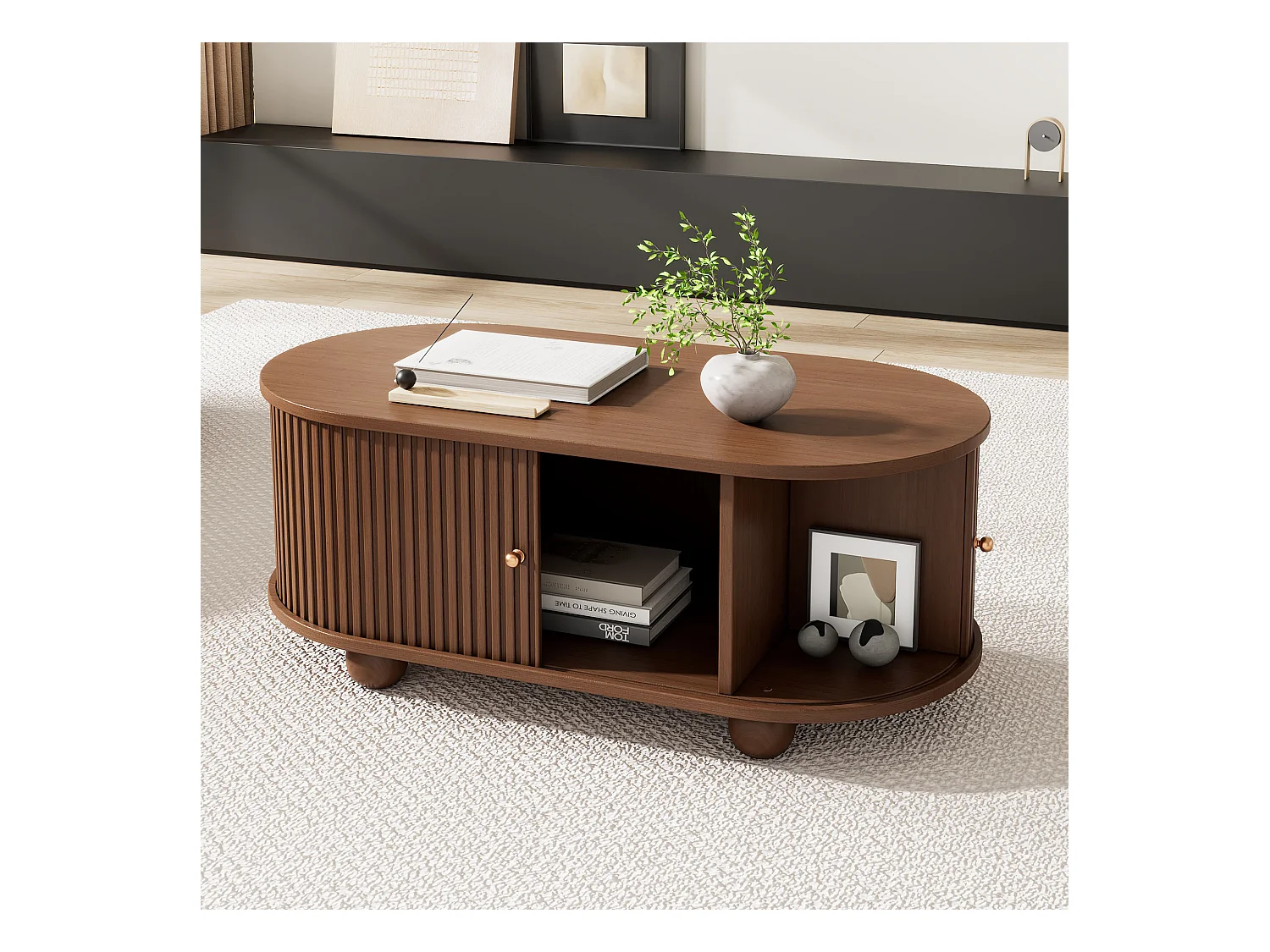 Table basse ovale en noyer - Table basse avec 2 portes coulissantes et 4 pieds ronds - avec rangement