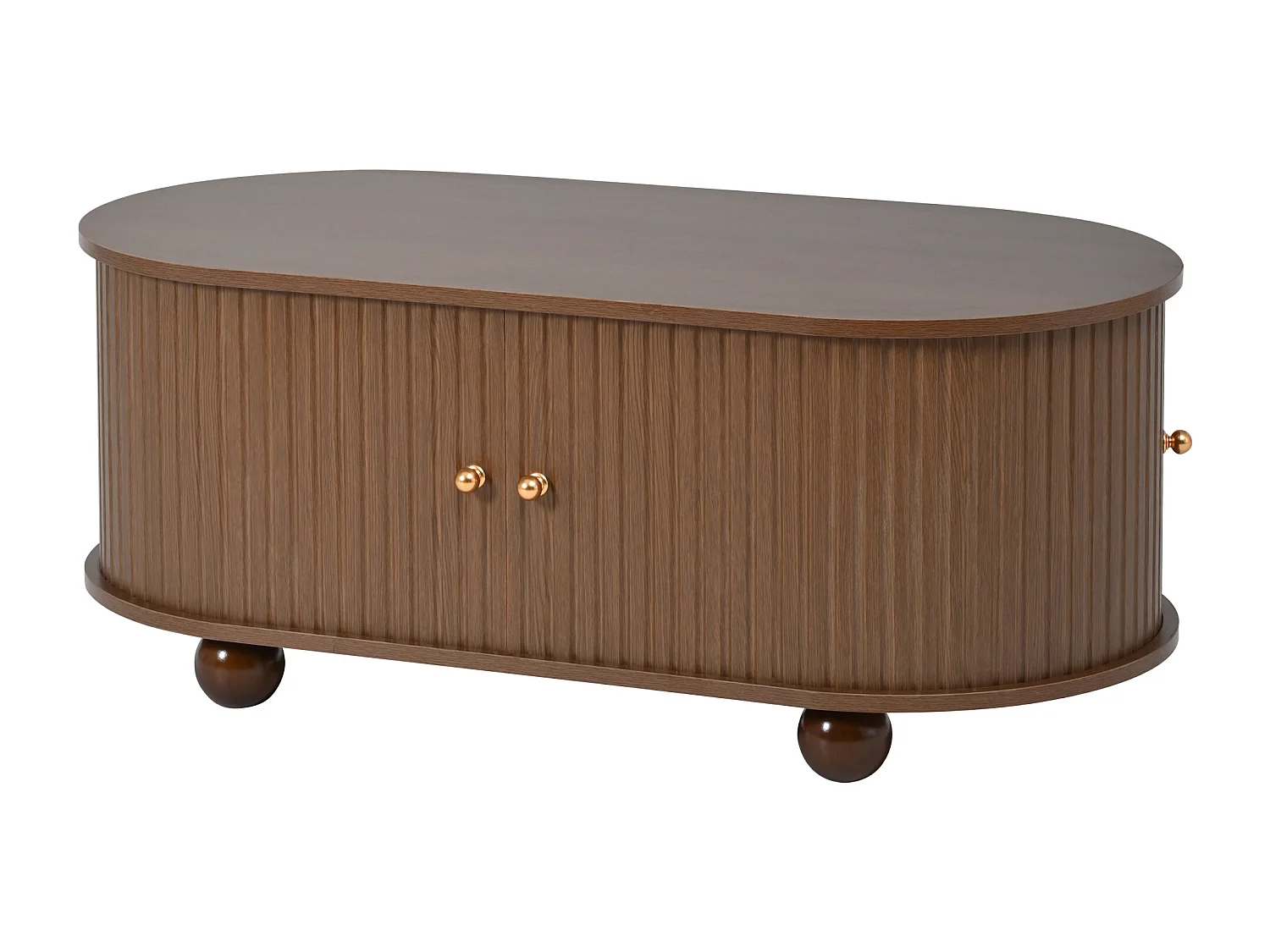 Ovale salontafel van notenhout - Salontafel met 2 schuifdeuren en 4 ronde poten - met opbergruimte