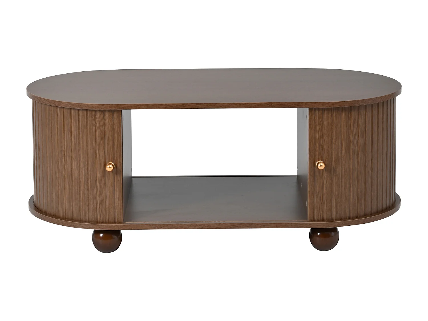 Ovale salontafel van notenhout - Salontafel met 2 schuifdeuren en 4 ronde poten - met opbergruimte