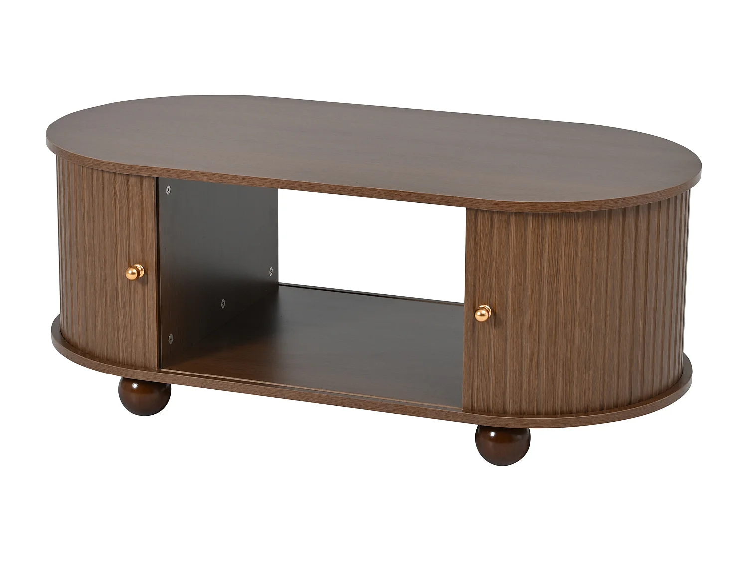 Ovale salontafel van notenhout - Salontafel met 2 schuifdeuren en 4 ronde poten - met opbergruimte