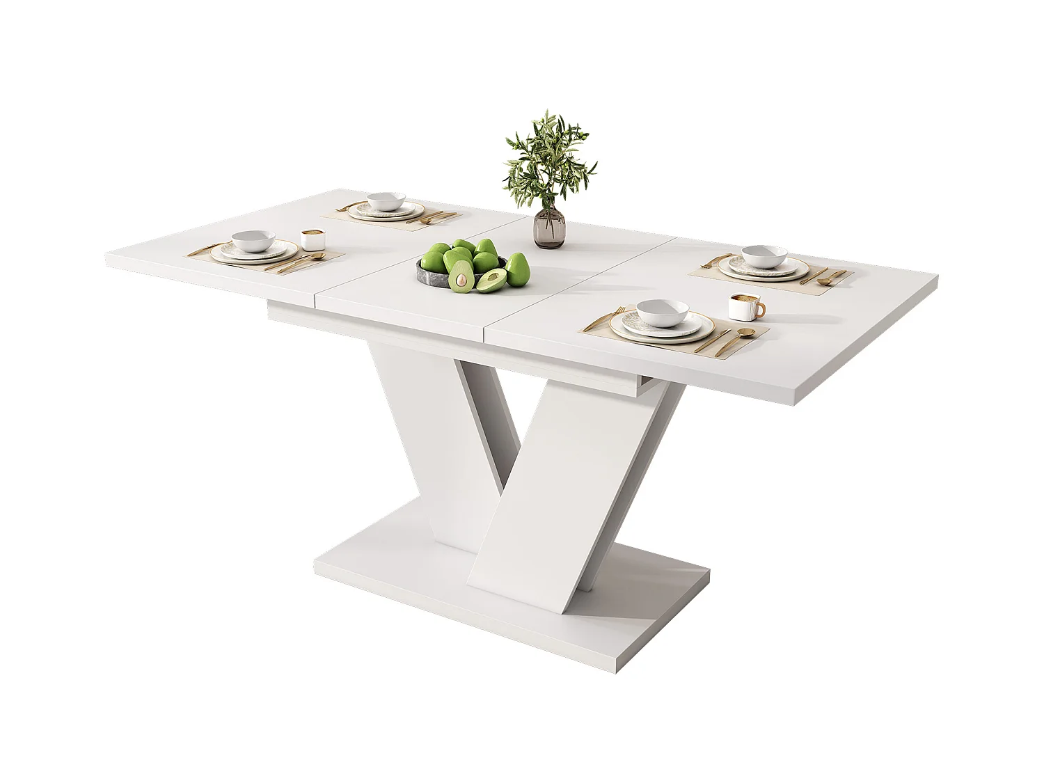 Table à manger rectangulaire blanc - Table extensible avec pieds en V - plateau rembourré