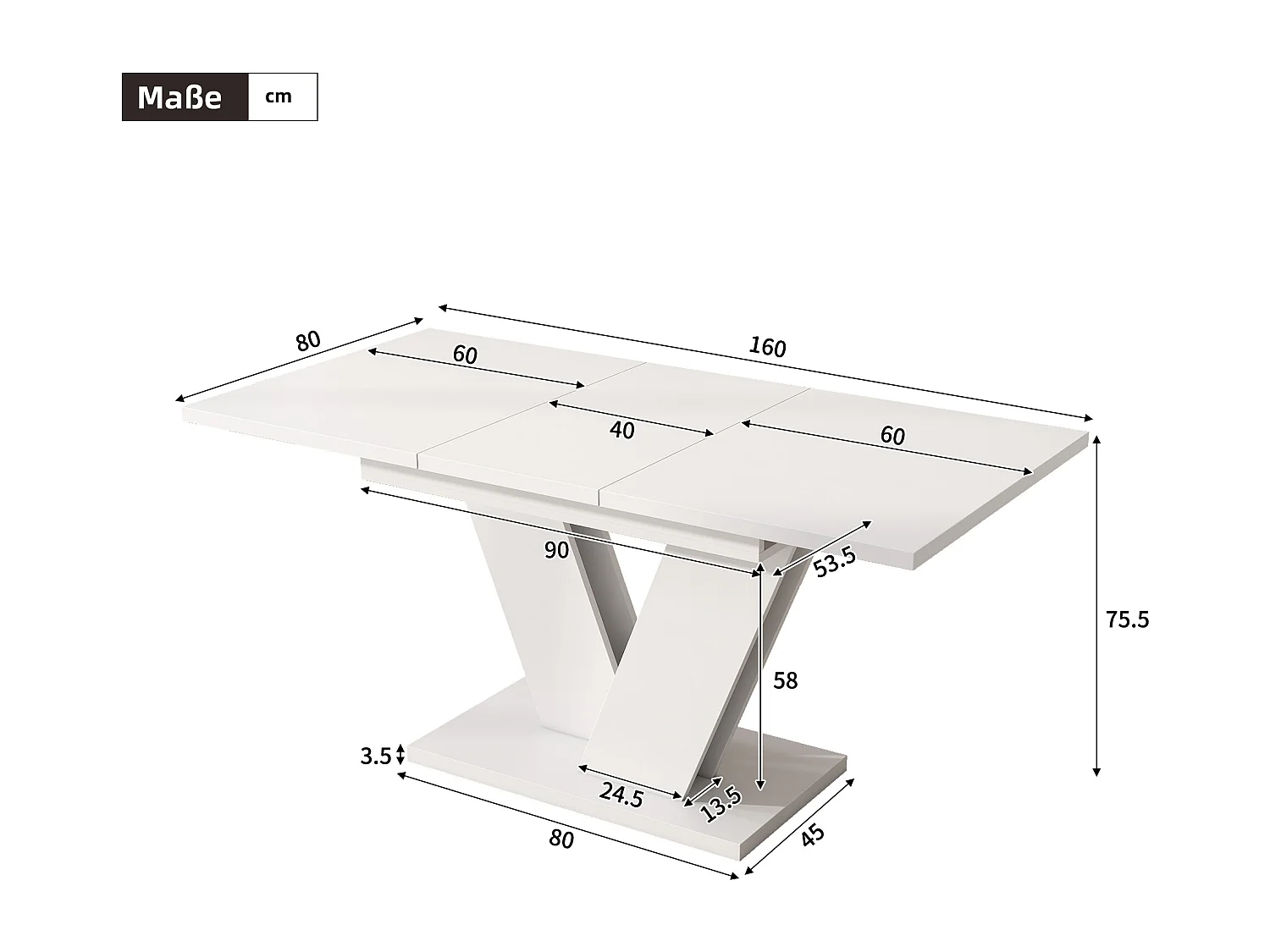 Table à manger rectangulaire blanc - Table extensible avec pieds en V - plateau rembourré