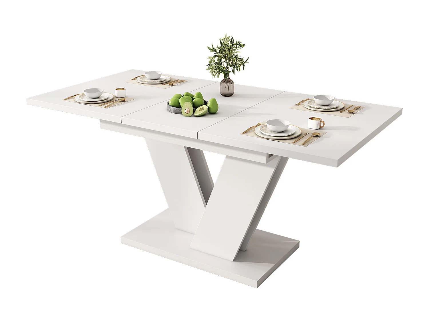 Table à manger rectangulaire blanc - Table extensible avec pieds en V - plateau rembourré