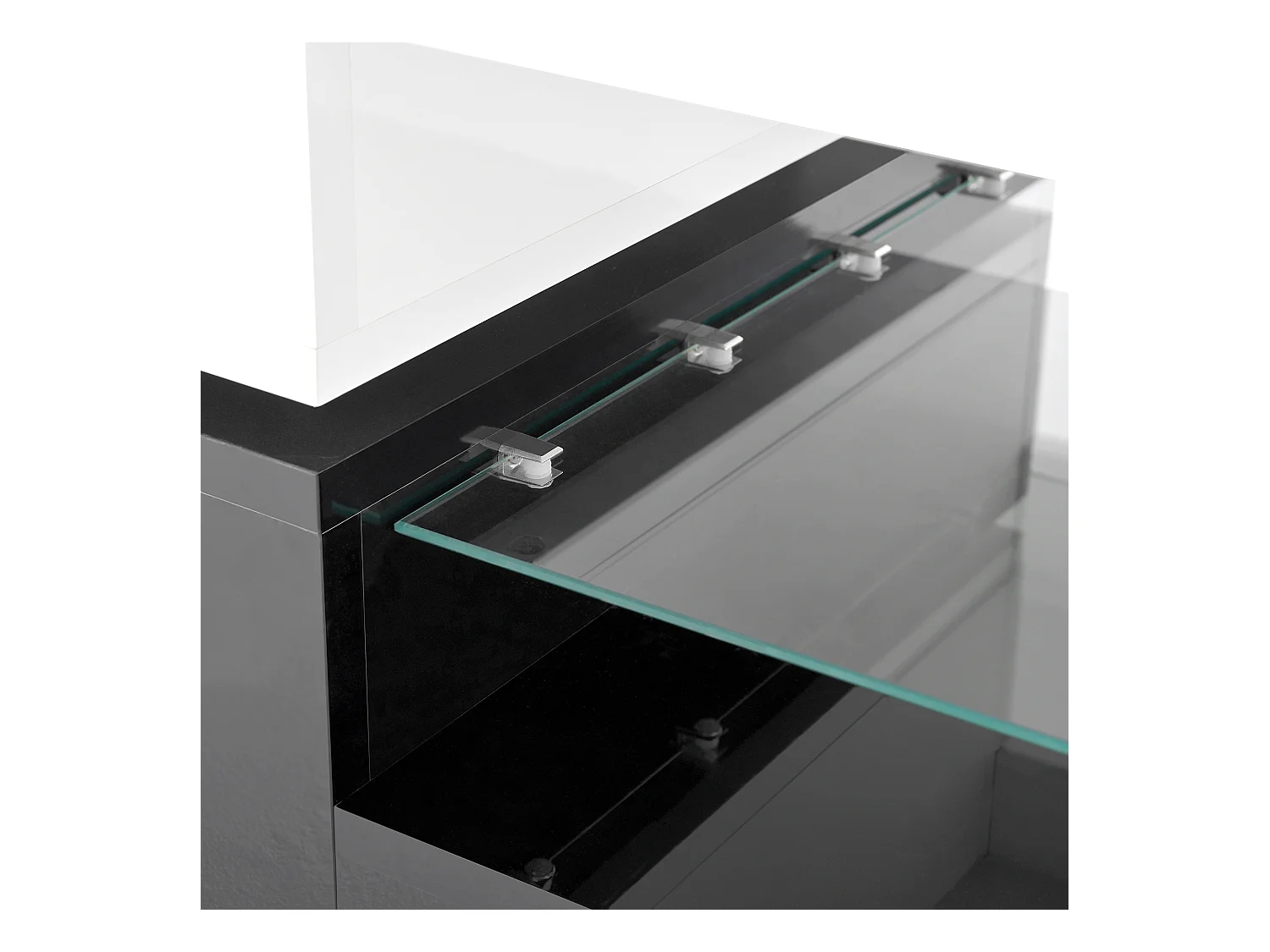 Mesa de centro preta e branca - Mesa de centro moderna com iluminação LED e prateleiras em vidro - Acabamento brilhante