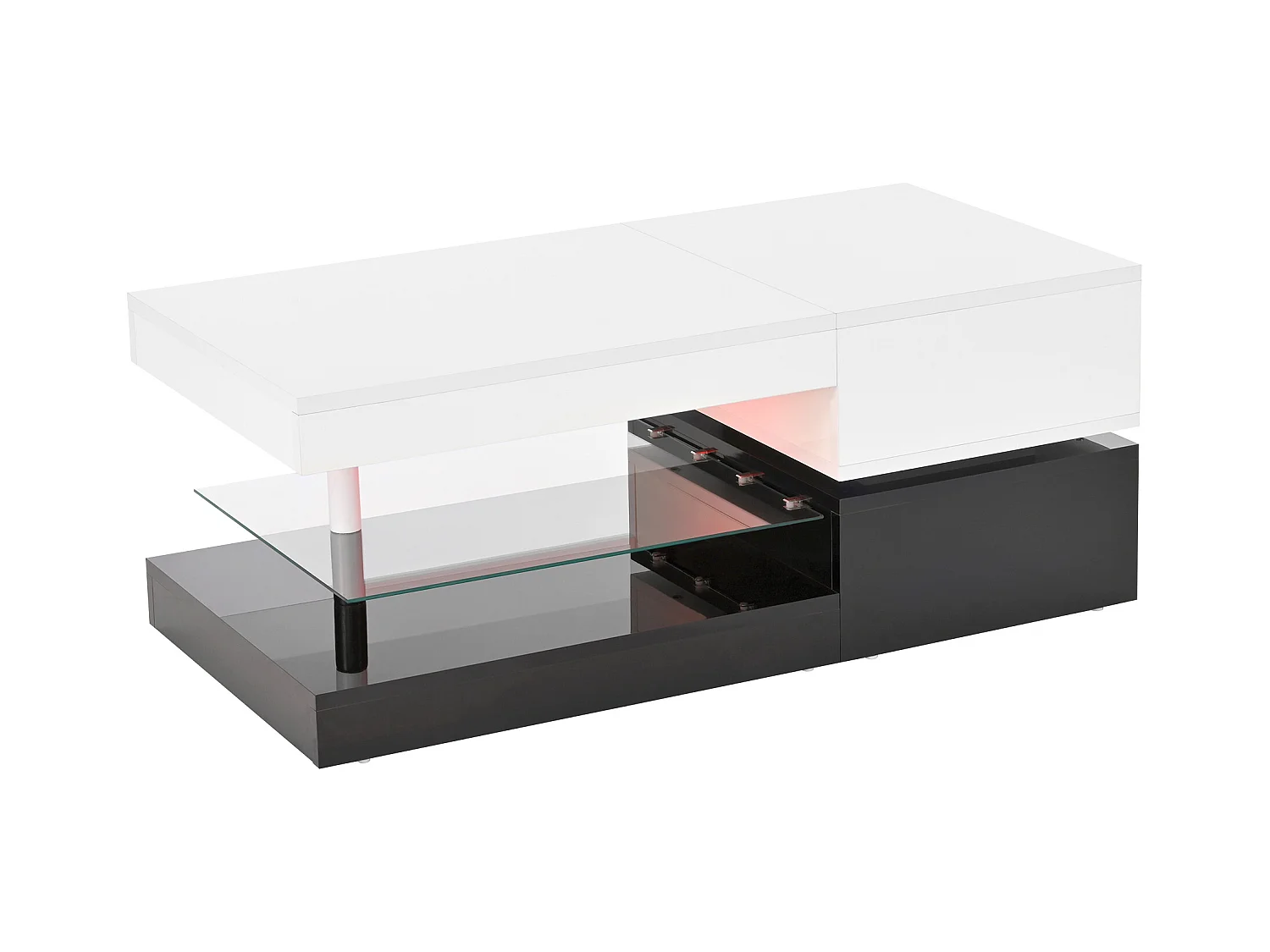 Mesa de centro preta e branca - Mesa de centro moderna com iluminação LED e prateleiras em vidro - Acabamento brilhante