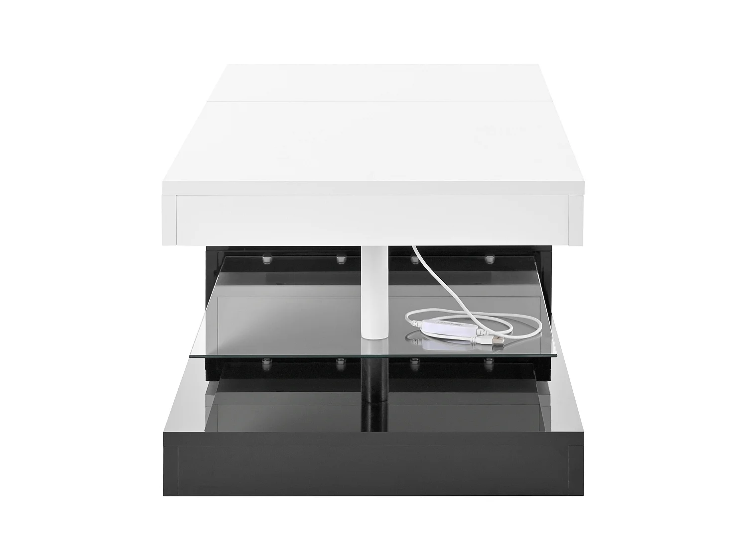 Mesa de centro preta e branca - Mesa de centro moderna com iluminação LED e prateleiras em vidro - Acabamento brilhante