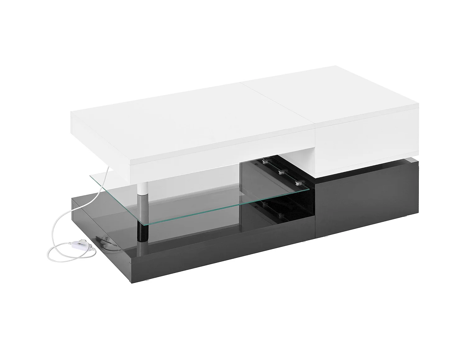 Mesa de centro preta e branca - Mesa de centro moderna com iluminação LED e prateleiras em vidro - Acabamento brilhante