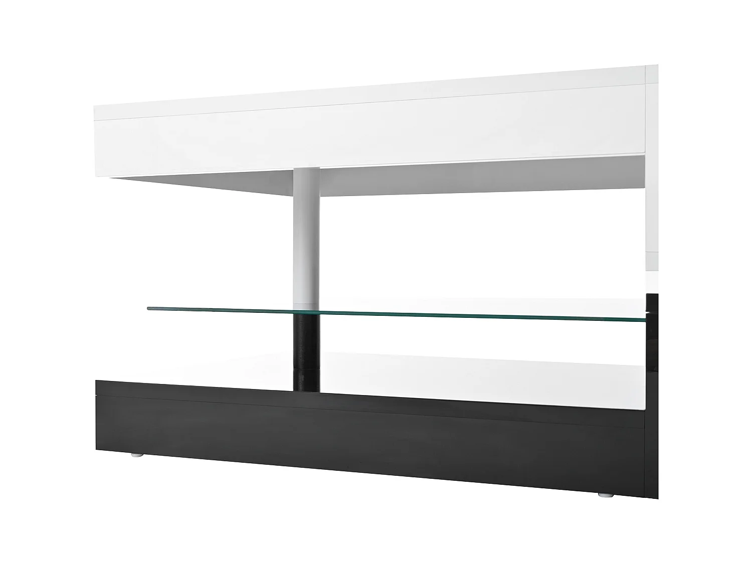 Mesa de centro preta e branca - Mesa de centro moderna com iluminação LED e prateleiras em vidro - Acabamento brilhante